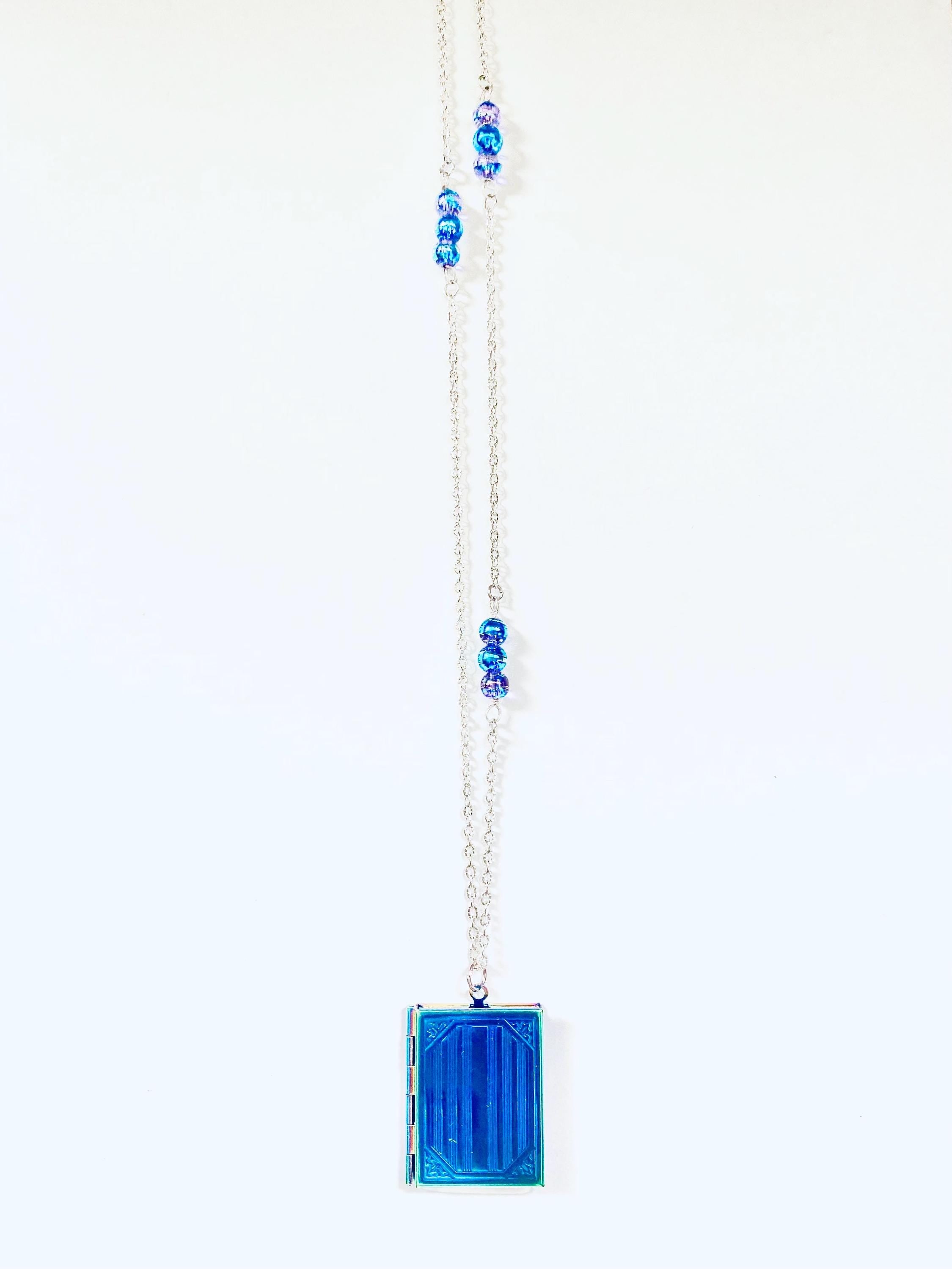 Iridescent Blue Locket Pendant Necklace, Silver Chain, 30 inch