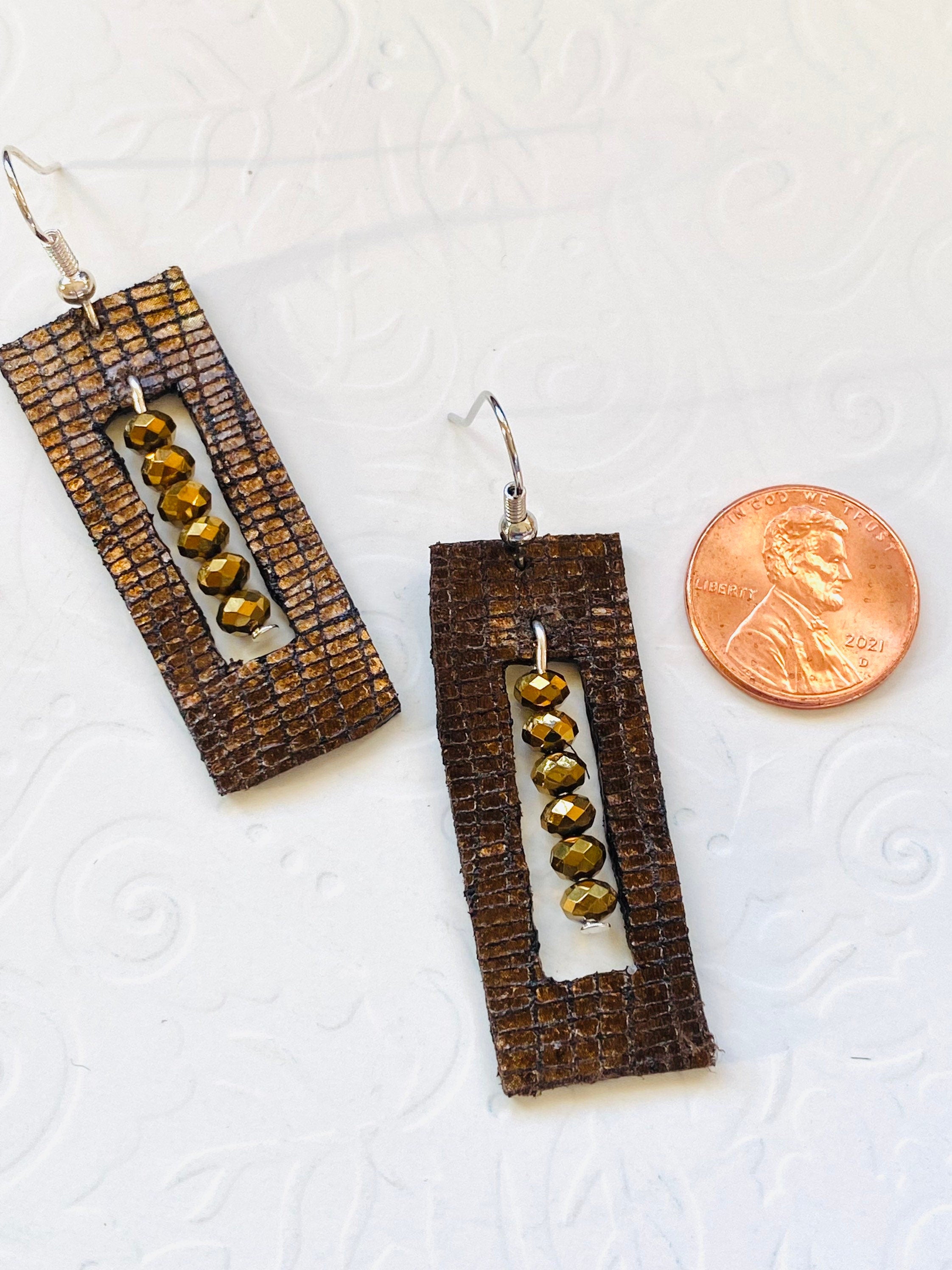 Rectangular Leather Earrings, Crystal Beaded, Handmade