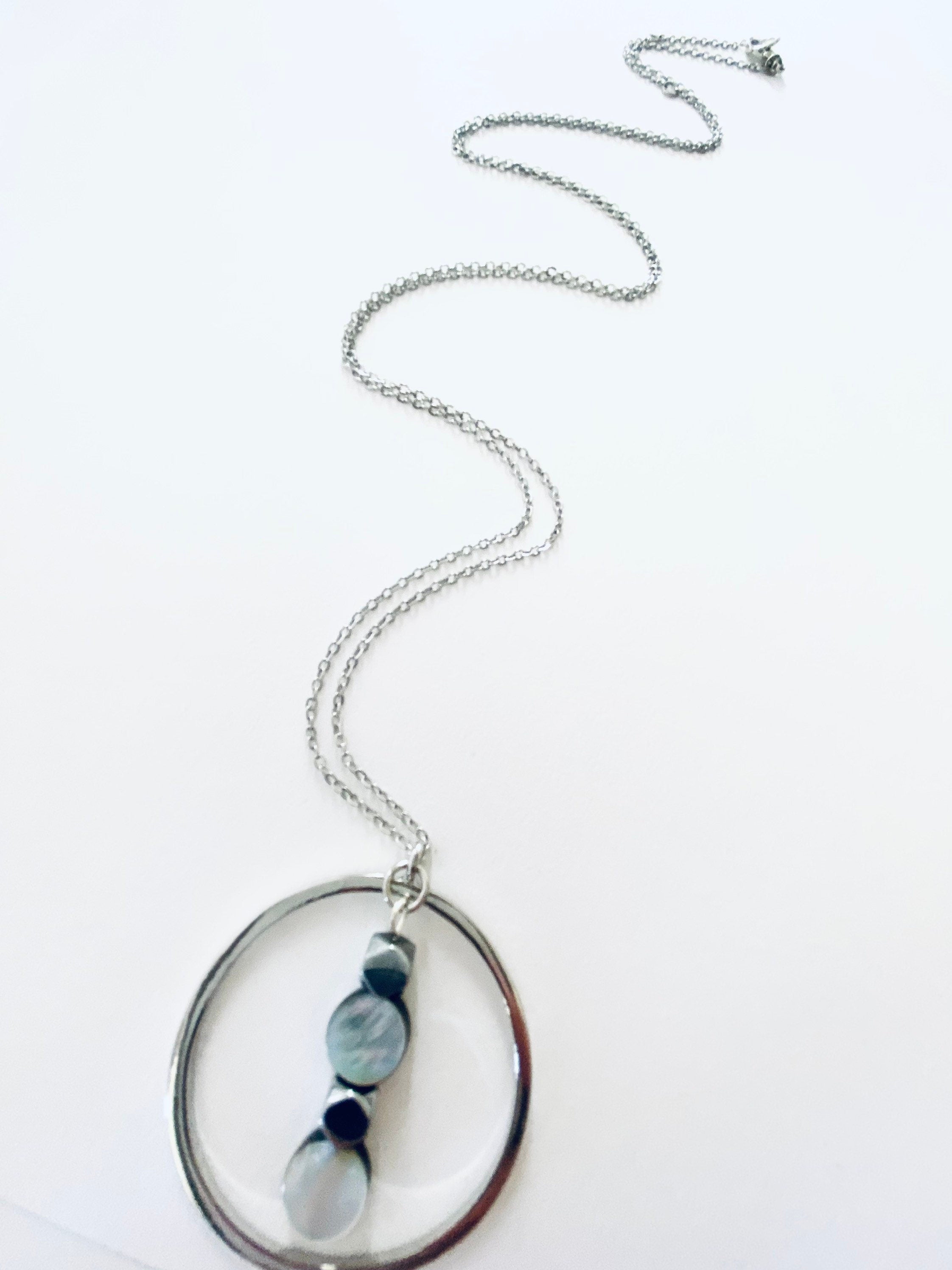 Iridescent Pearl Glass Pendant Necklace, Circular Silver Necklace, 30 inch