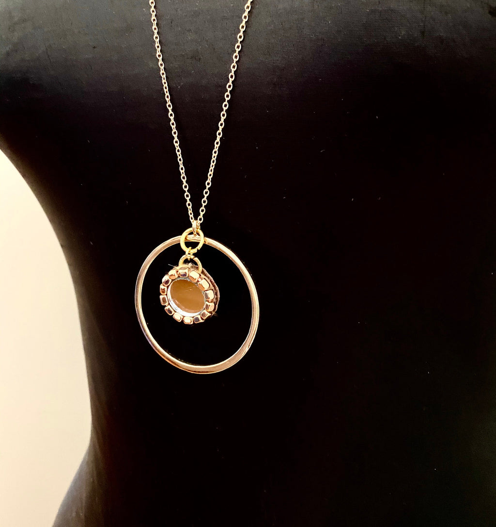 Mirror Pendant Necklace, 30" Gold Plated Circular Necklace