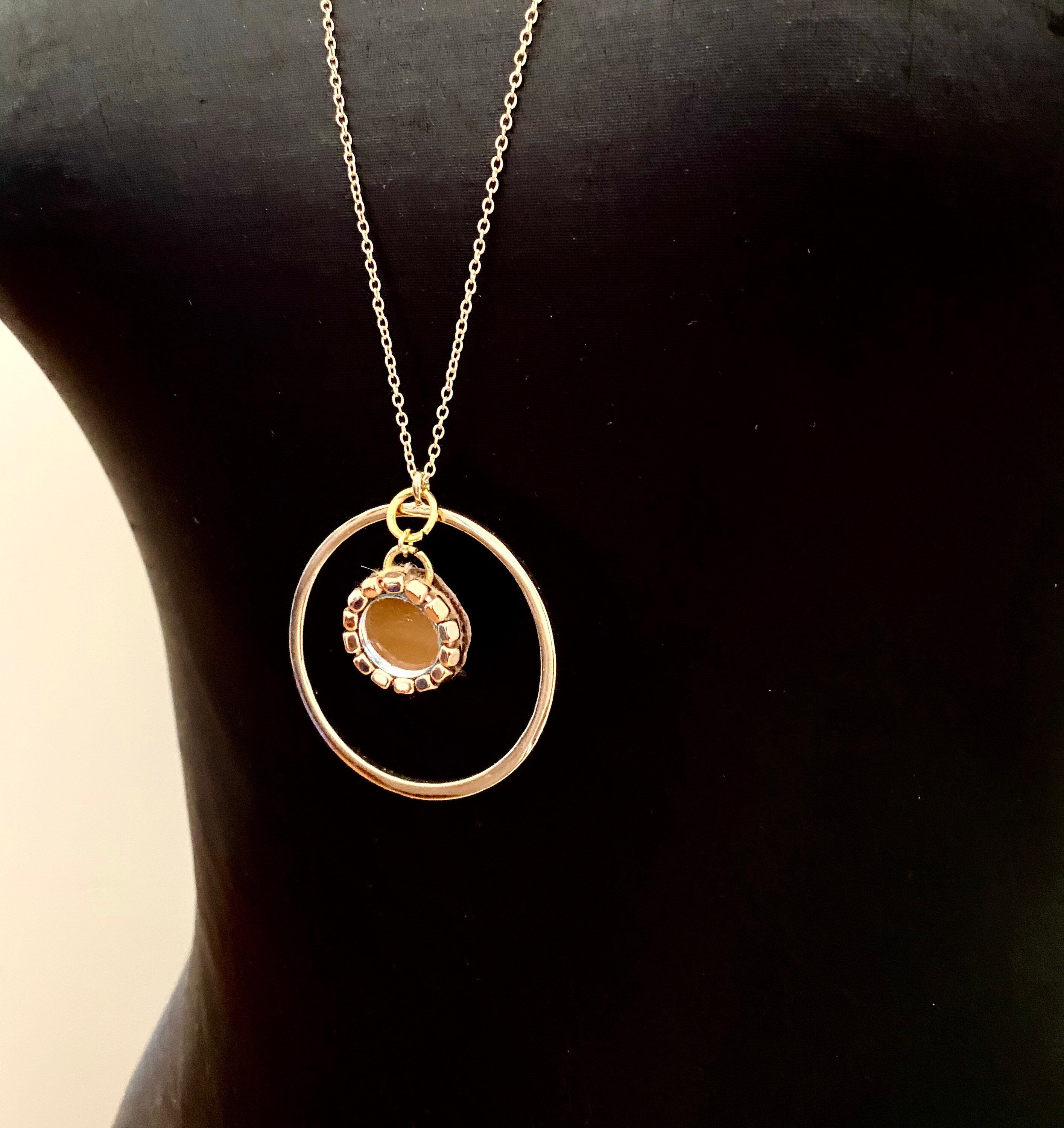 Mirror Pendant Necklace, 30" Gold Plated Circular Necklace
