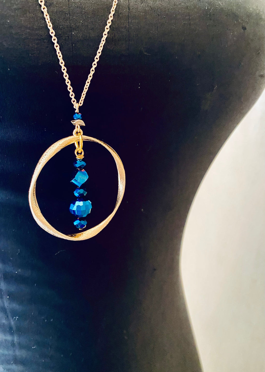 Royal Blue Crystal Pendant Necklace, Gold Plated Circular Necklace, 30 Inch