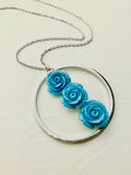 Blue Flower Pendant Necklace, Silver Circle, 30 inch Chain