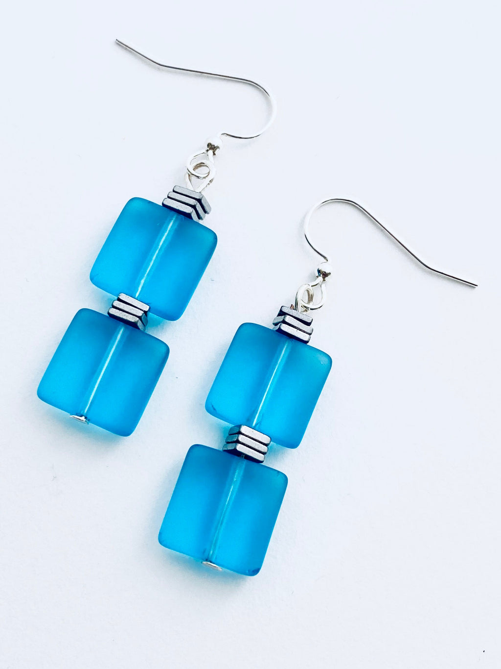 Blue Sea Glass Earrings, Silver Accents, Sleek Square Drop