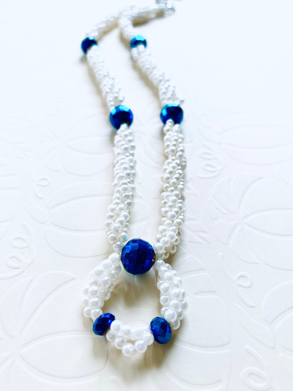 Spiral Beaded Necklace, Iridescent Blue, White Pearl Acrylic