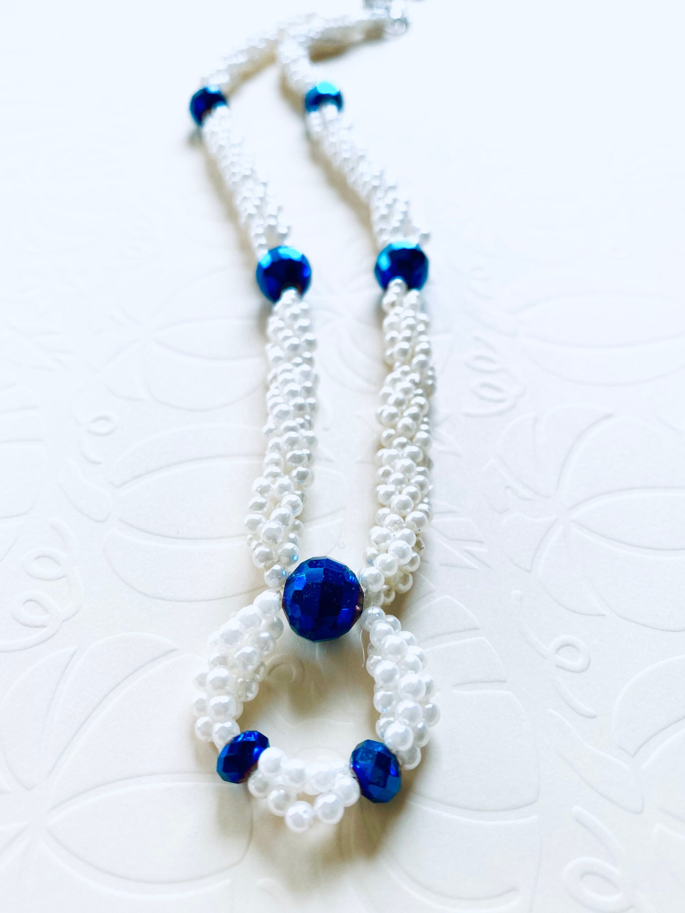 Spiral Beaded Necklace, Iridescent Blue, White Pearl Acrylic