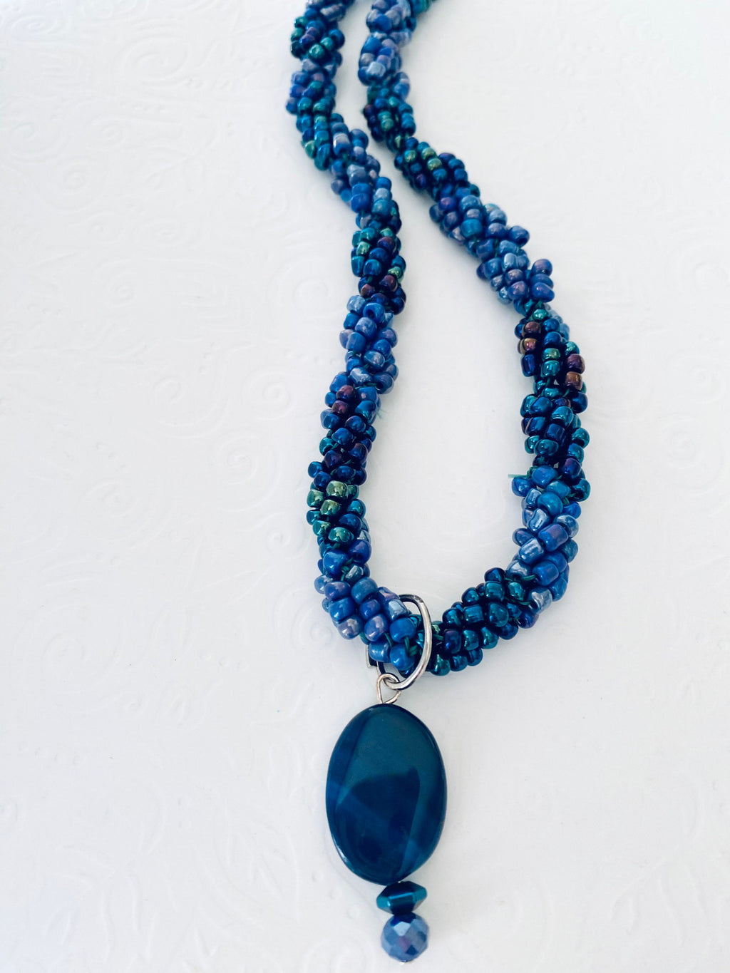 Iridescent Blue Beaded Spiral Necklace, Handmade Elegant Pendant