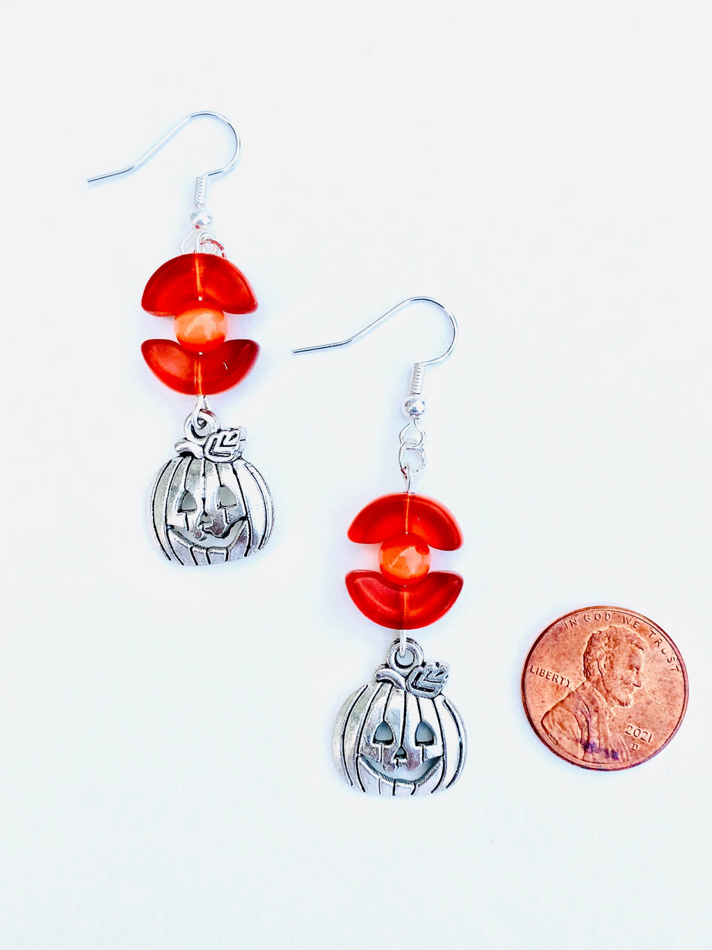 Halloween Pumpkin Earrings, Orange Beads, Silver Plated, Festive