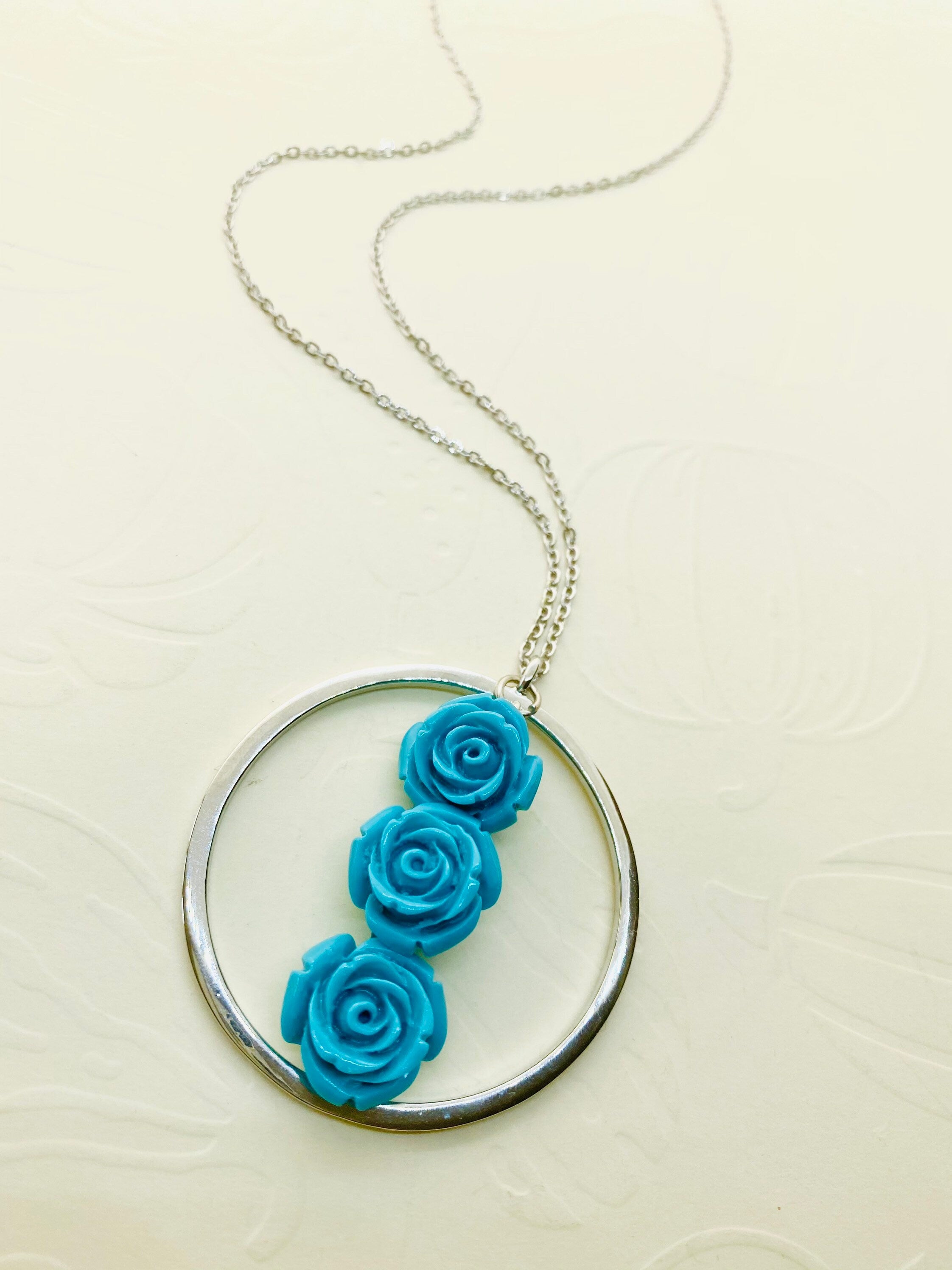 Blue Flower Pendant Necklace, Silver Circle, 30 inch Chain