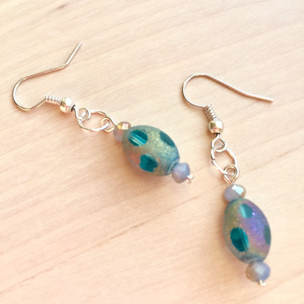 Iridescent Blue Dangle Earrings, Easter Egg Style