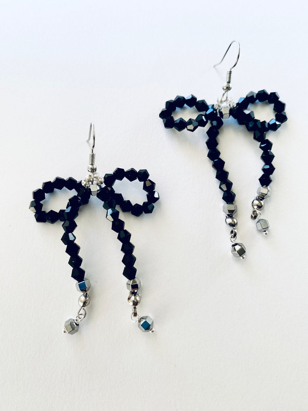 Black Crystal Bow Earrings, Silver Plated Hooks, Beaded Festive Jewelry