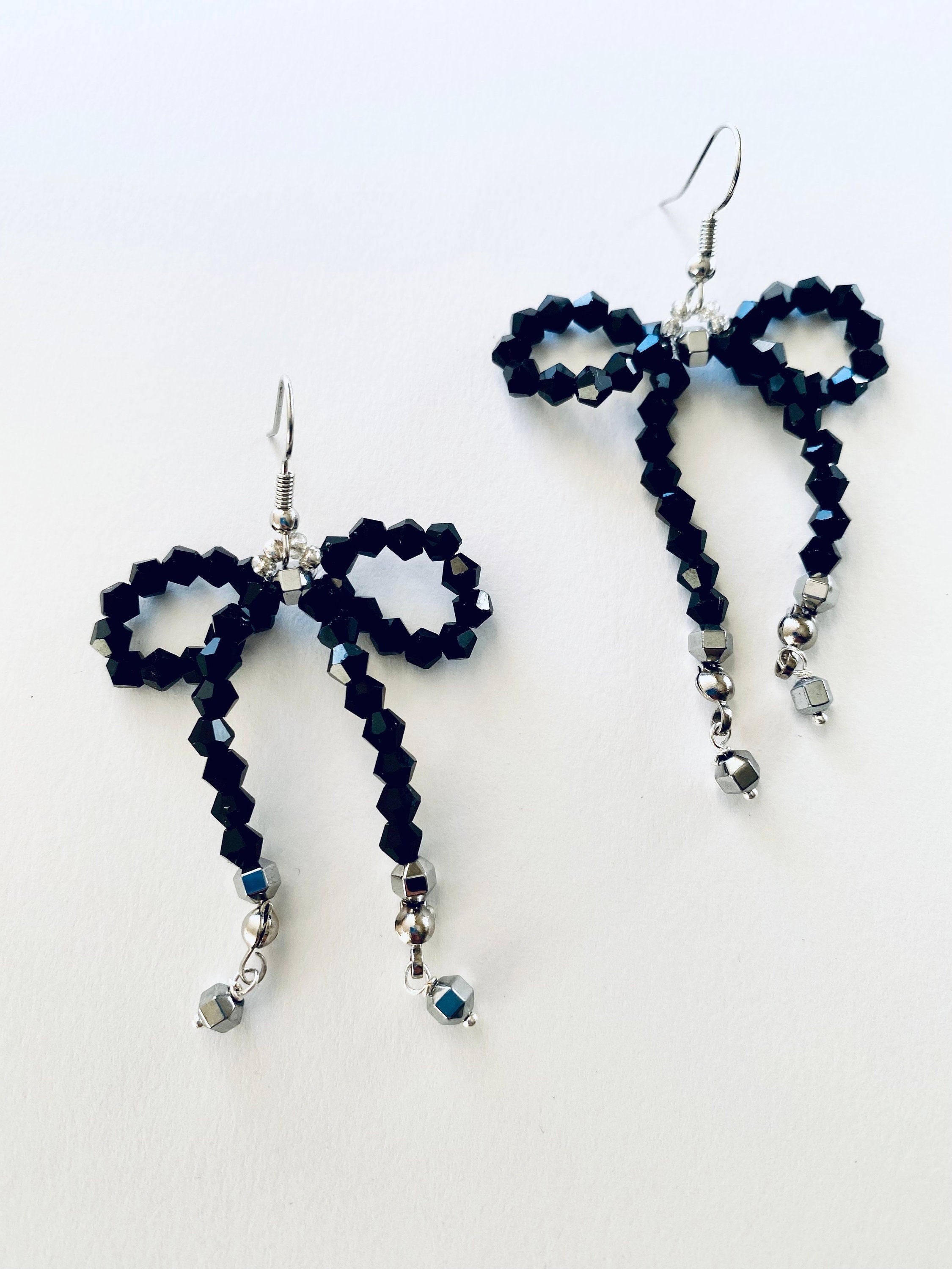 Black Crystal Bow Earrings, Silver Plated Hooks, Beaded Festive Jewelry