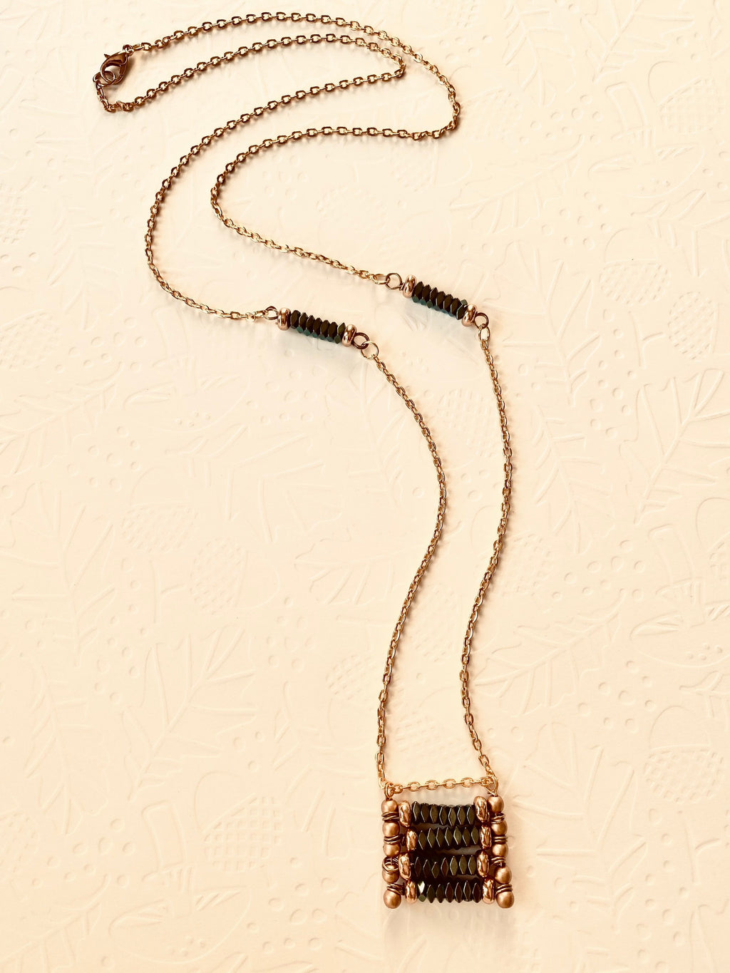 Rectangular Beaded Pendant Necklace, Green and Matte Gold, 30 inch