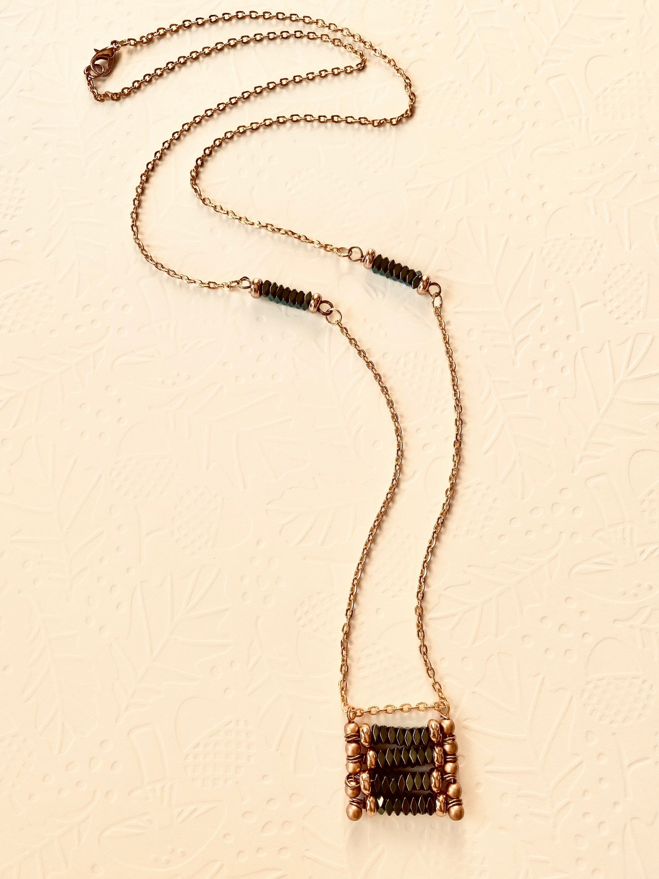 Rectangular Beaded Pendant Necklace, Green and Matte Gold, 30 inch