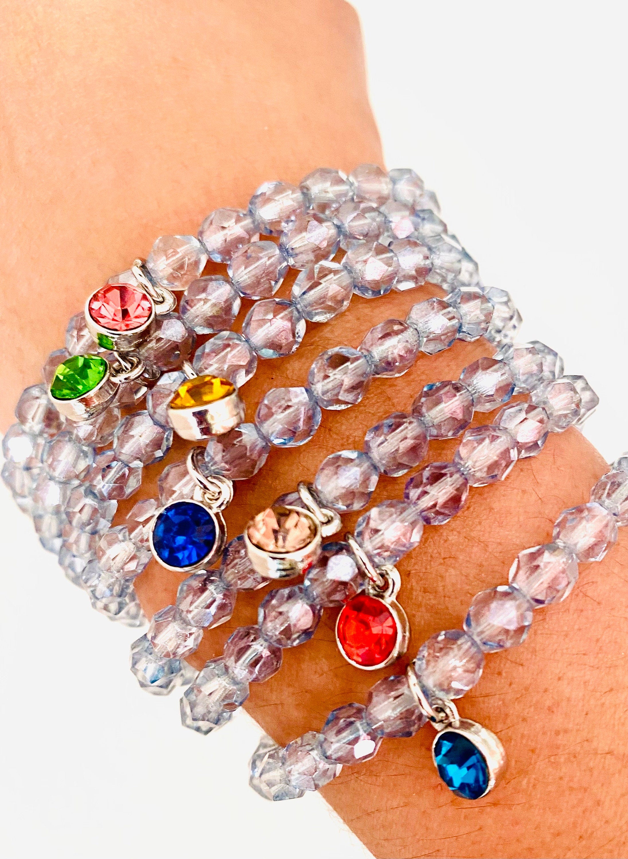 Birthstone Charm Bracelet, Silver Plated Beaded Crystal Bracelet, Birthstone jewelry, gifts for all