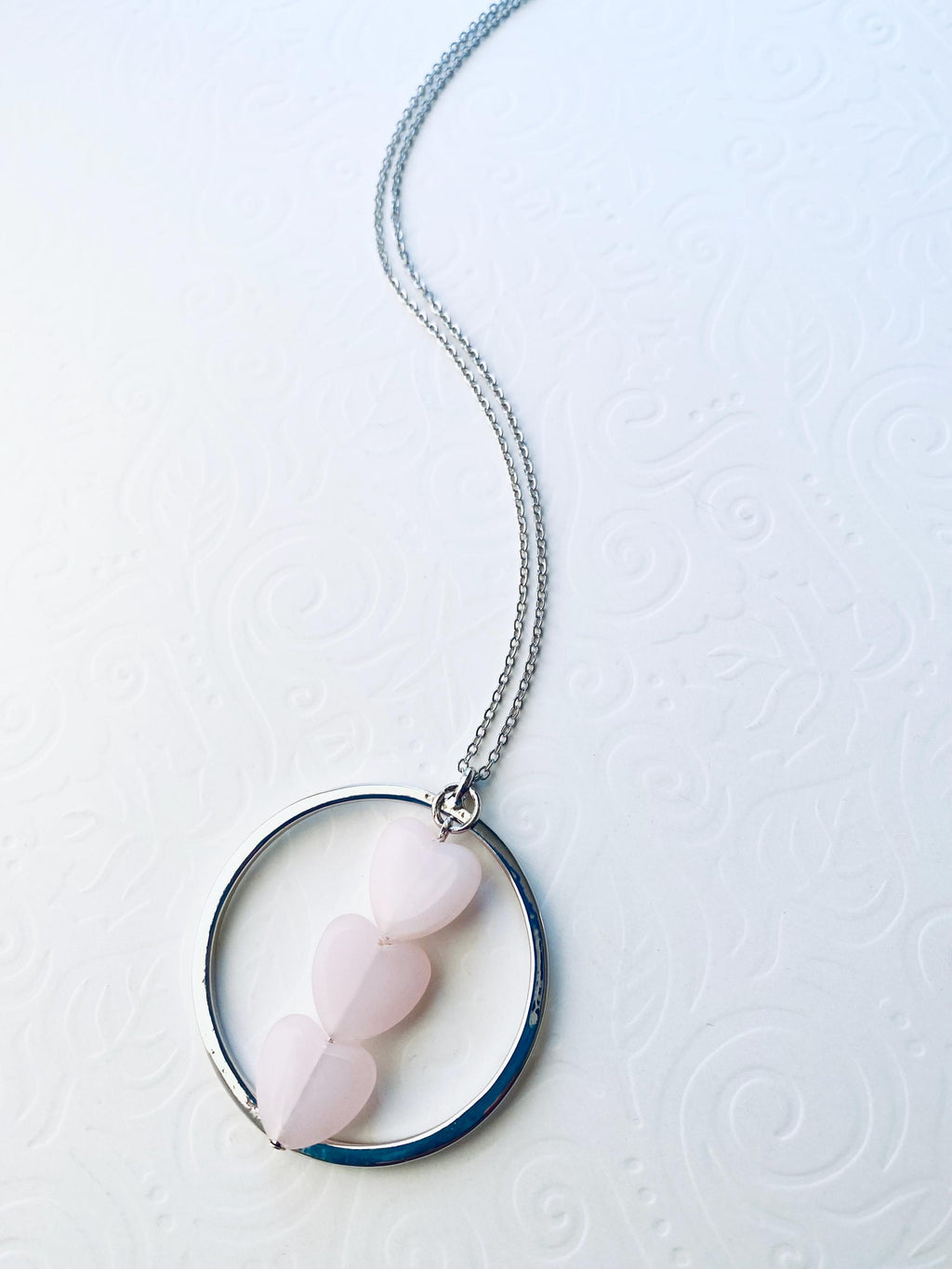 Pink Glass Heart Pendant Necklace, Silver Plated Chain, 30 Inch