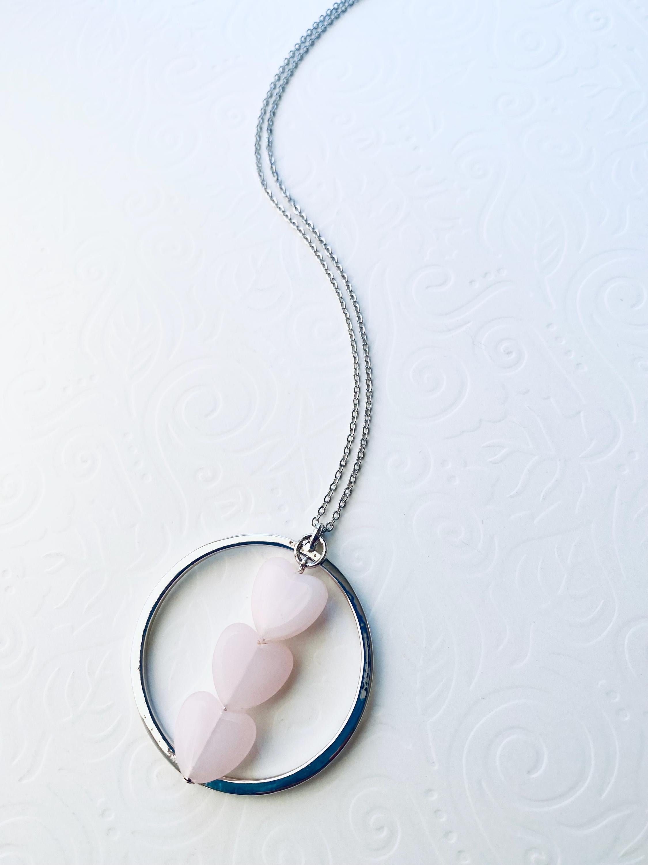 Pink Glass Heart Pendant Necklace, Silver Plated Chain, 30 Inch