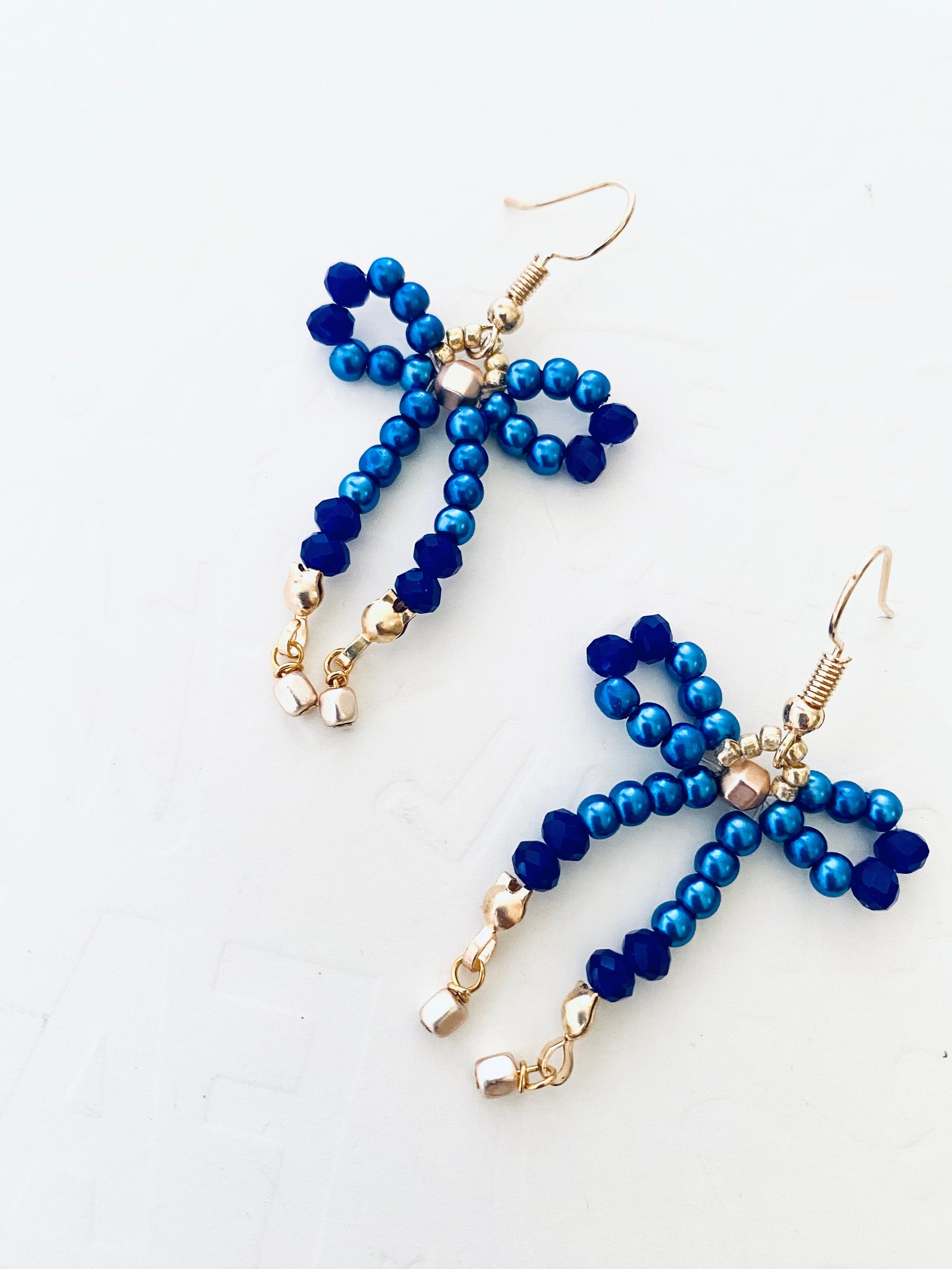 Handmade Beaded Bow Earrings, Crystal Royal Blue, Gold Hook