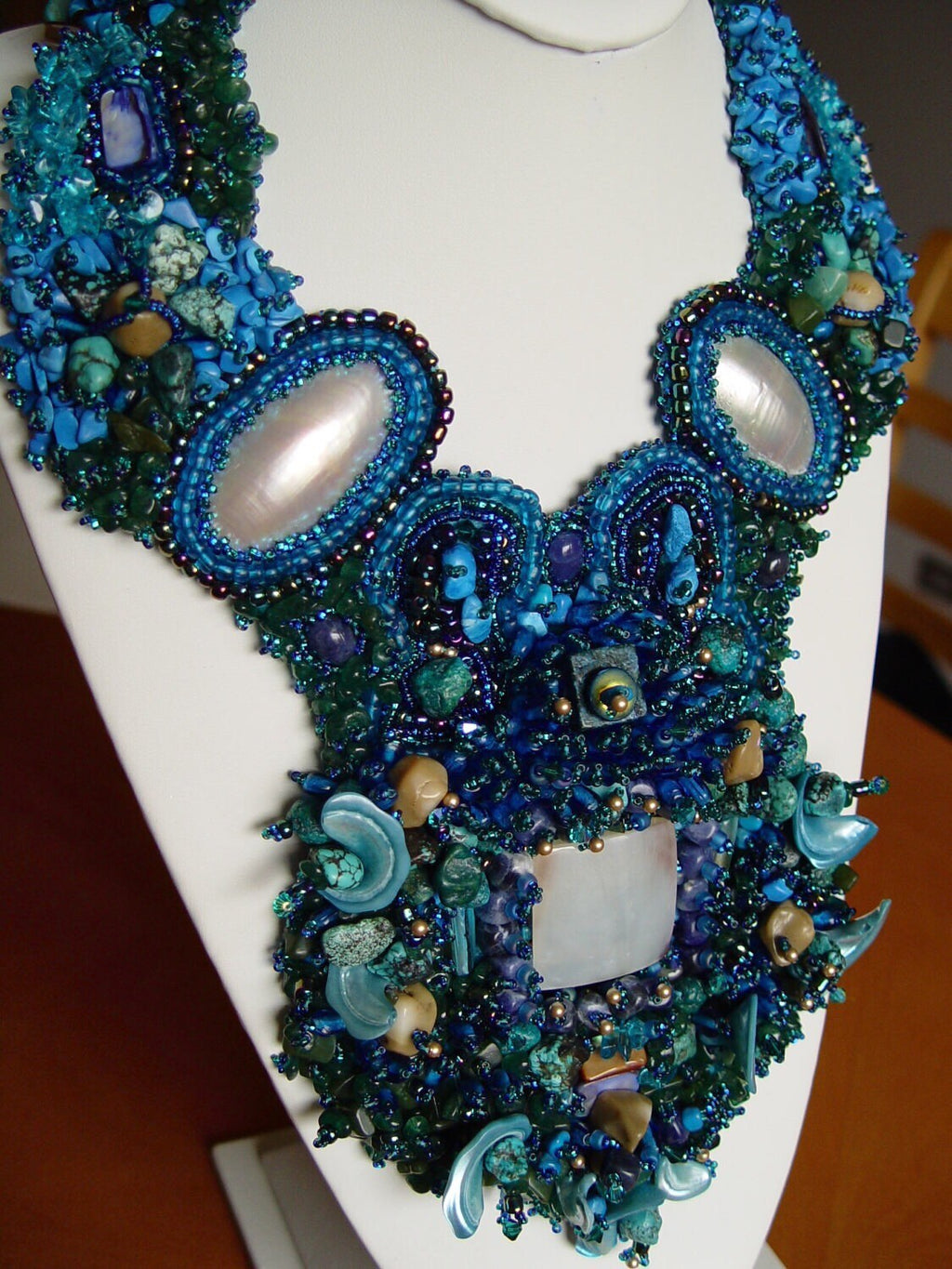Hand Beaded Gemstone Statement Necklace, Mother of Pearl, Ocean Blue