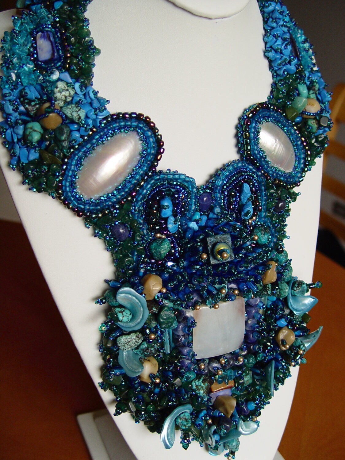Hand Beaded Gemstone Statement Necklace, Mother of Pearl, Ocean Blue