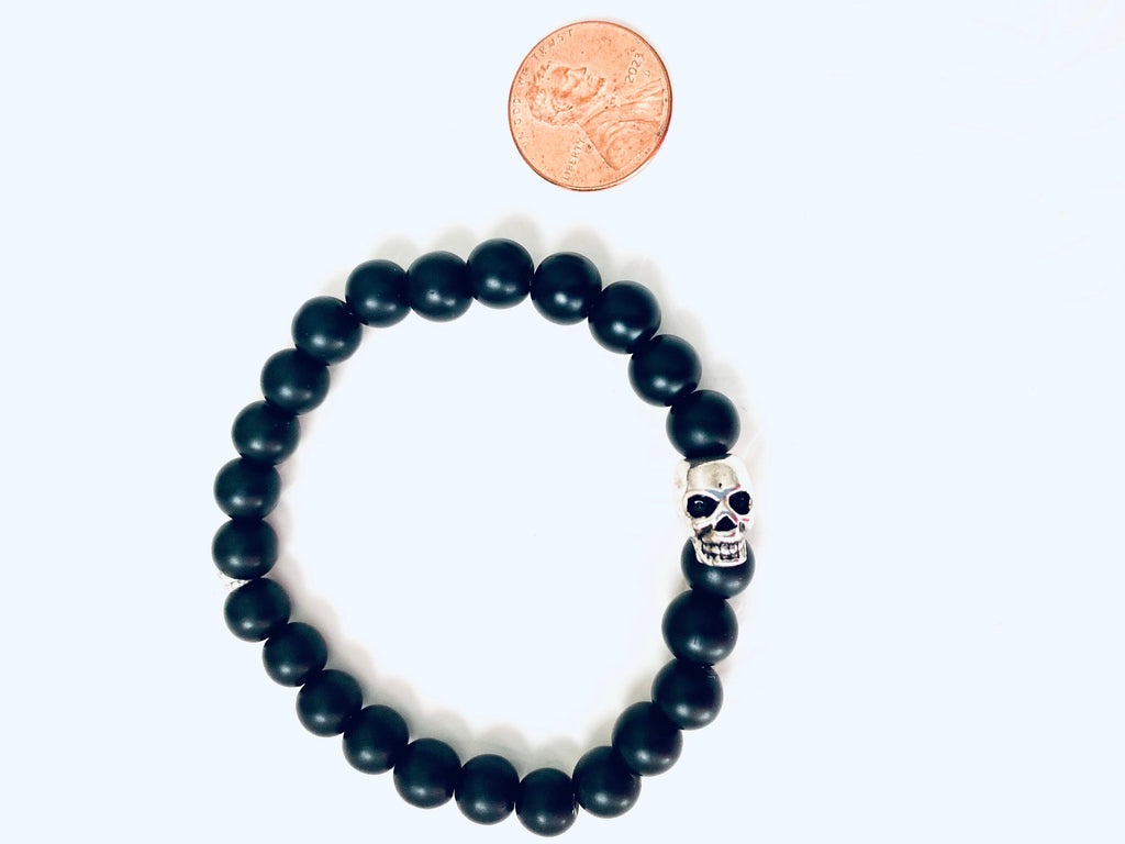 Day of the Dead, Onyx Bracelet, silver skeleton, matte onyx bracelet, unisex stretch bracelet, Gemstone with meaning, great gifts