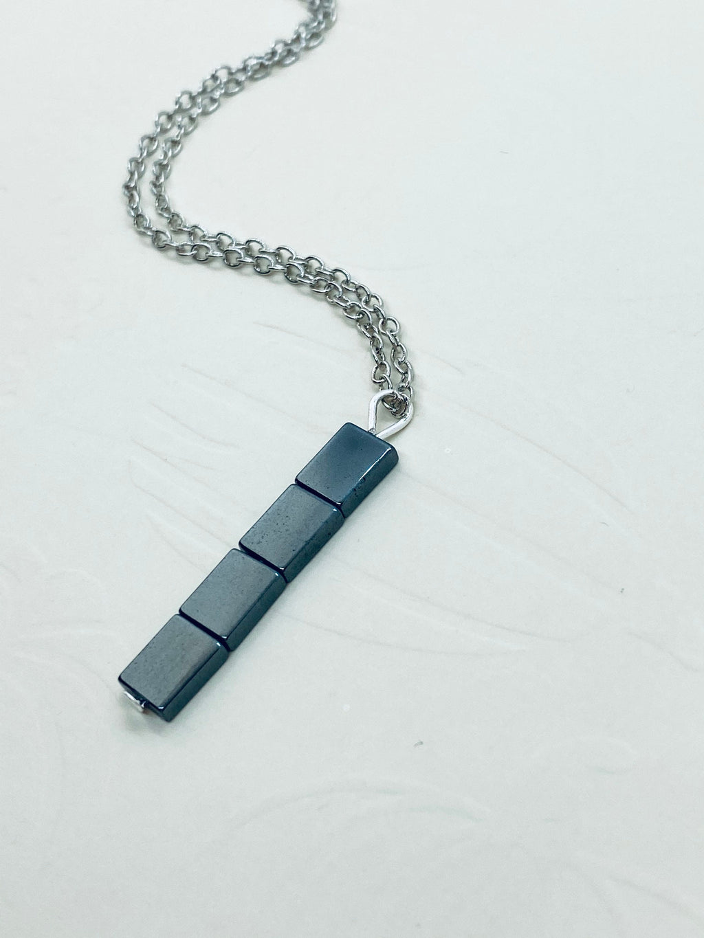 Hematite Bar Pendant Necklace, Gunmetal & Silver Plated Chain
