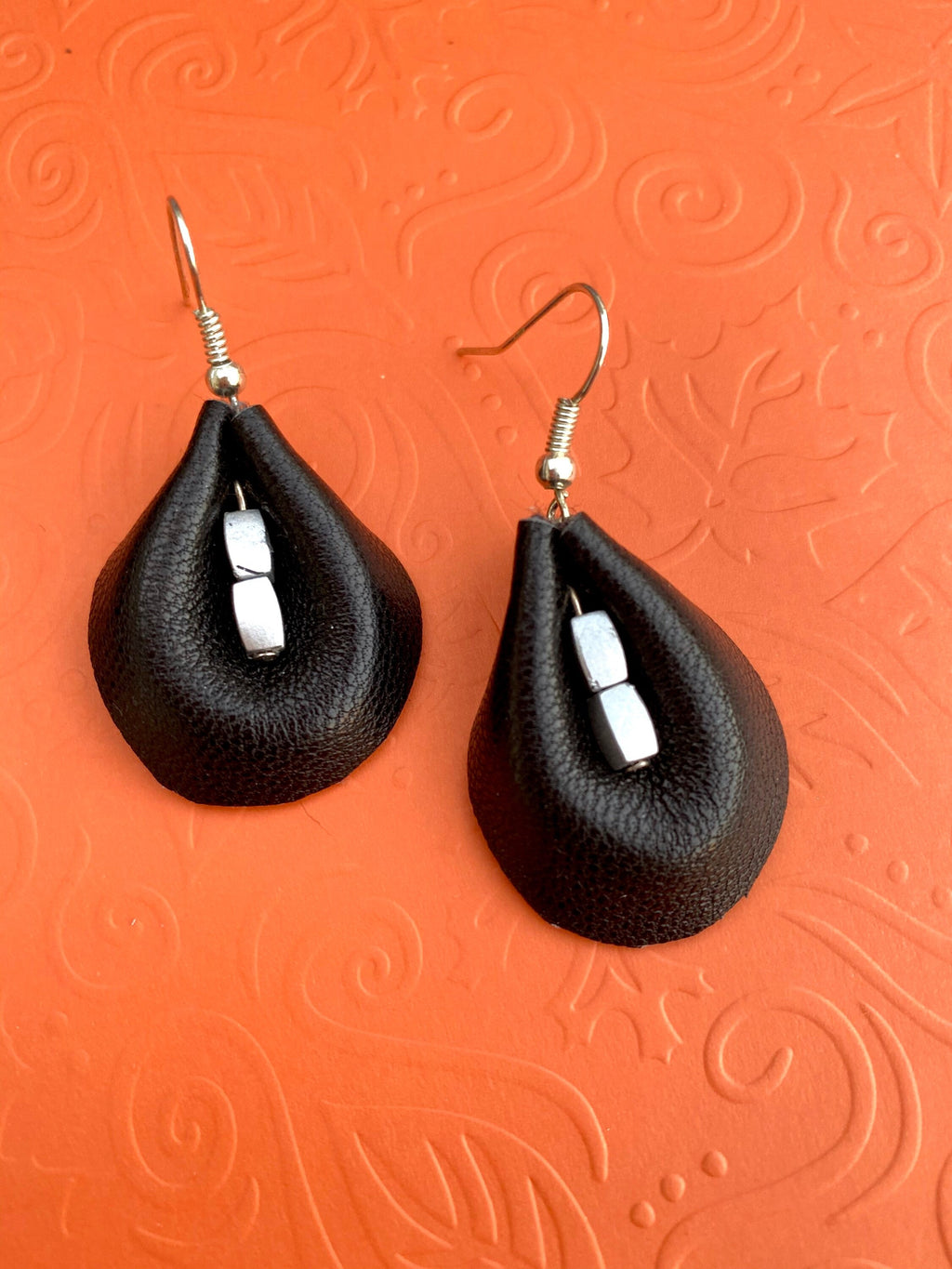 Black leather earrings, teardrop leather earrings, Fall leather earrings, black and silver leather earrings, sexy leather, gift ideas, soft