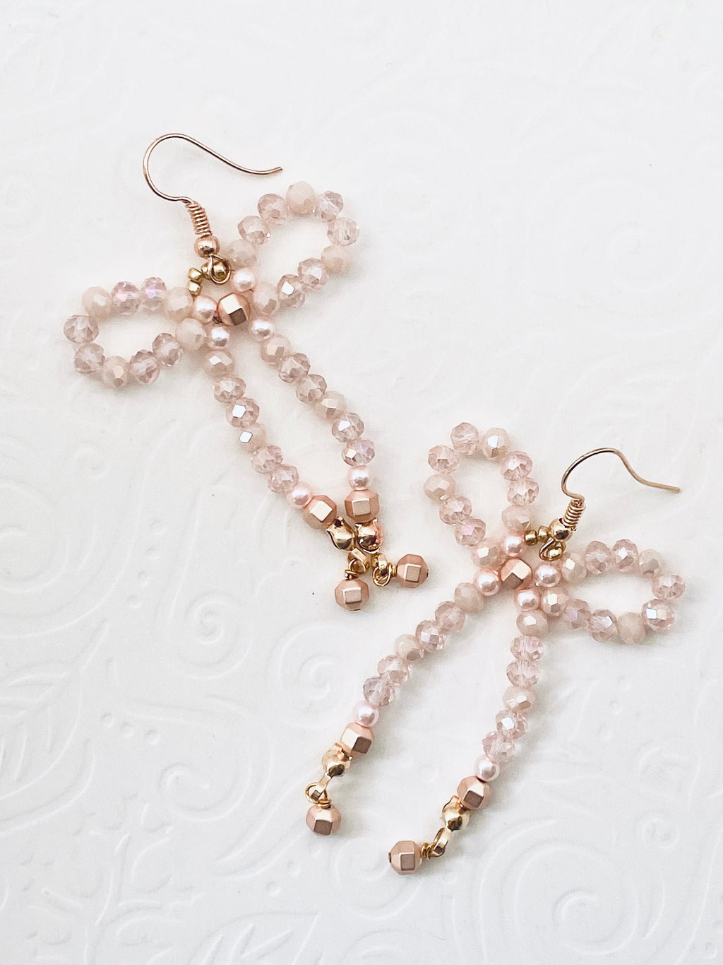 Handmade Cream Crystal Bow Earrings, Festive Gold Hooks