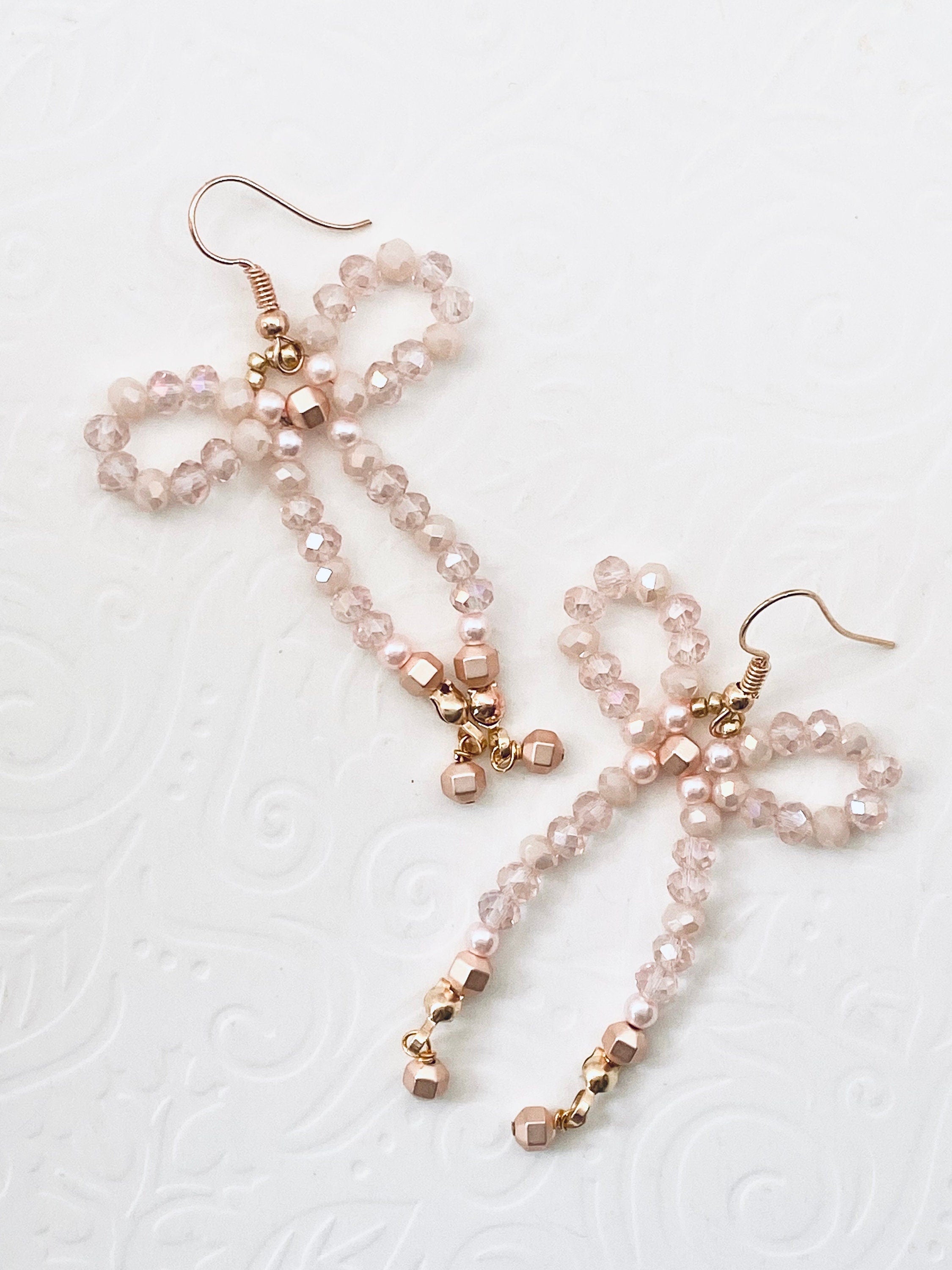 Handmade Cream Crystal Bow Earrings, Festive Gold Hooks