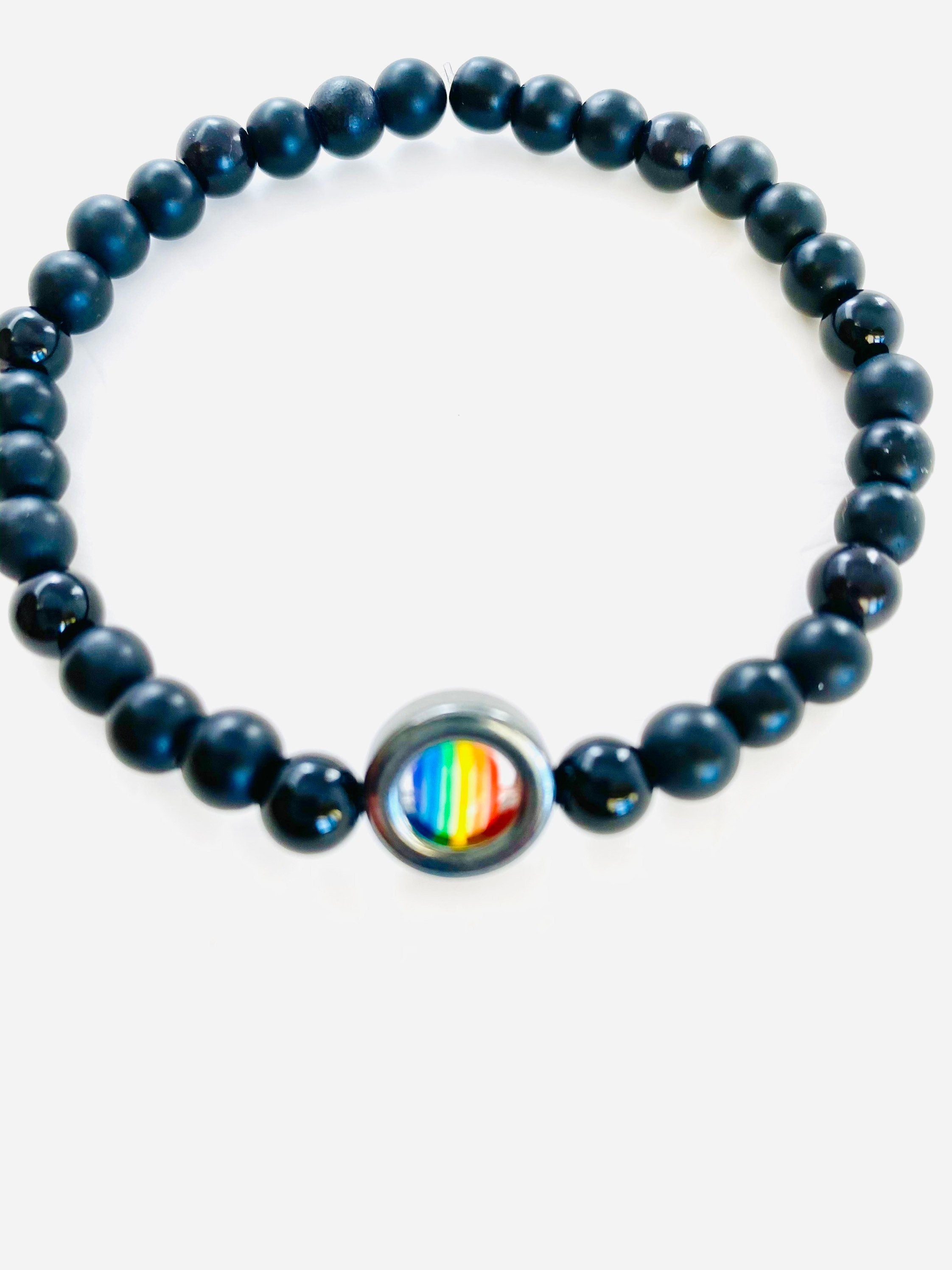 Onyx Pride Bracelet, Rainbow Resin Bead, LGBT Stretch Bracelet