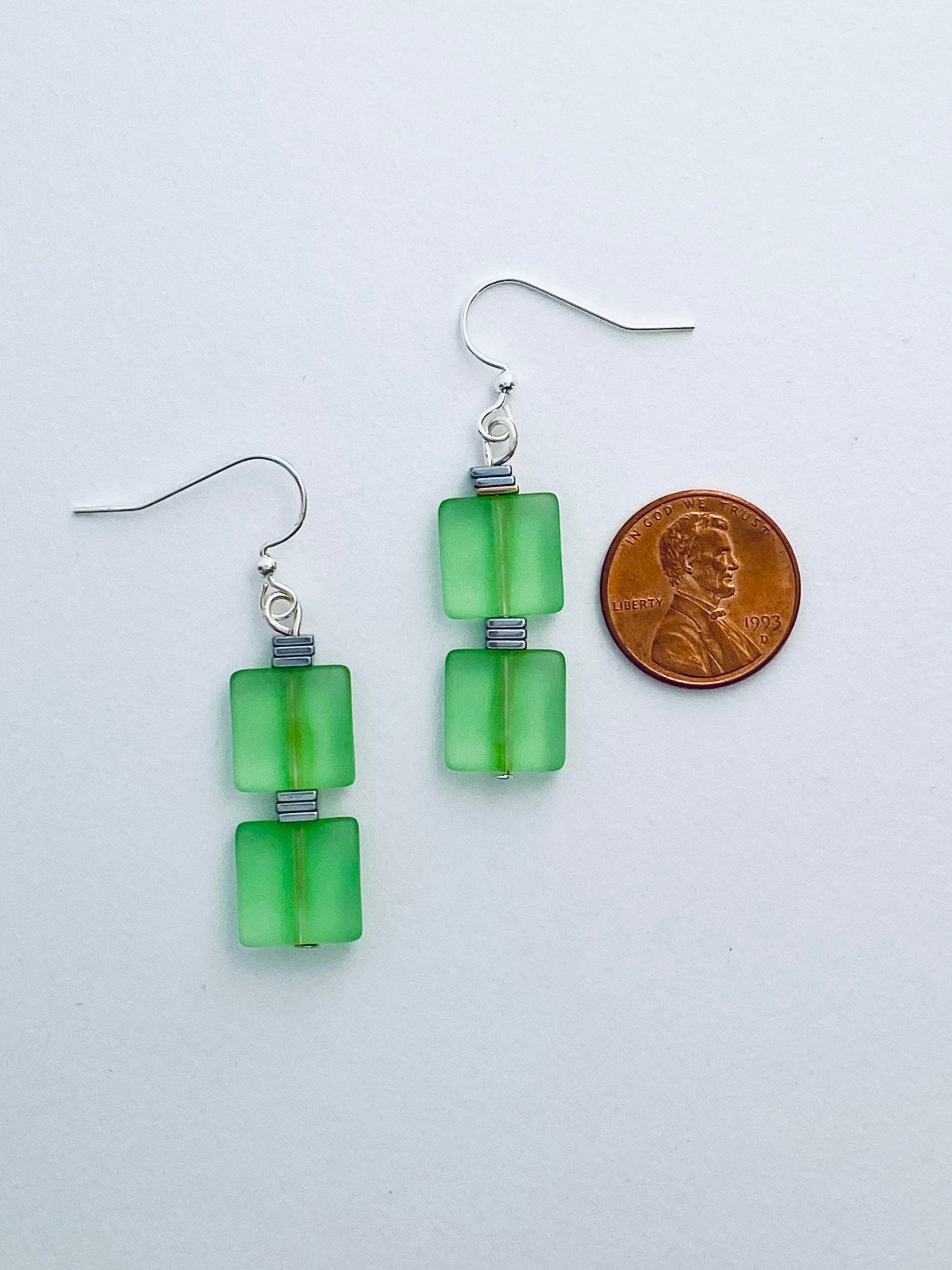 Green Sea Glass Dangle Earrings, Silver Plated Components