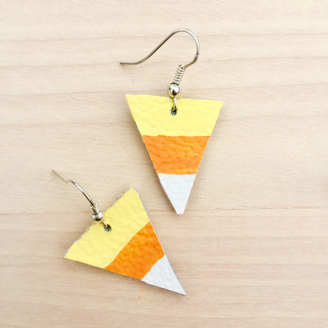 Candy Corn Leather Earrings, Hand-Painted Halloween Jewelry