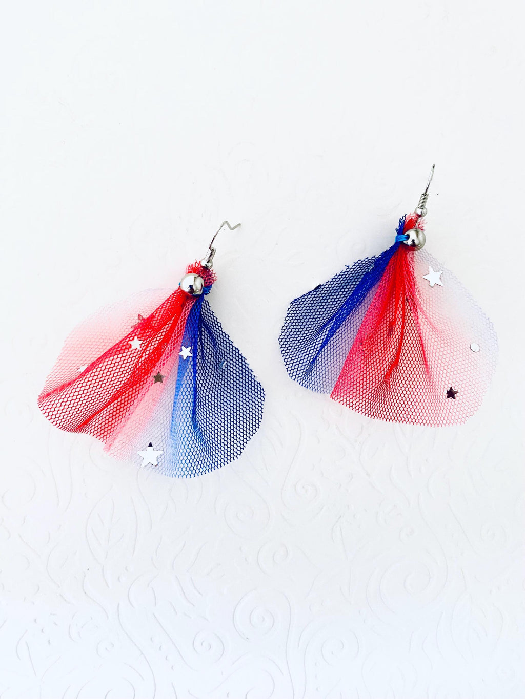 4th of July Tulle Earrings, Patriotic Silver Star Dangle
