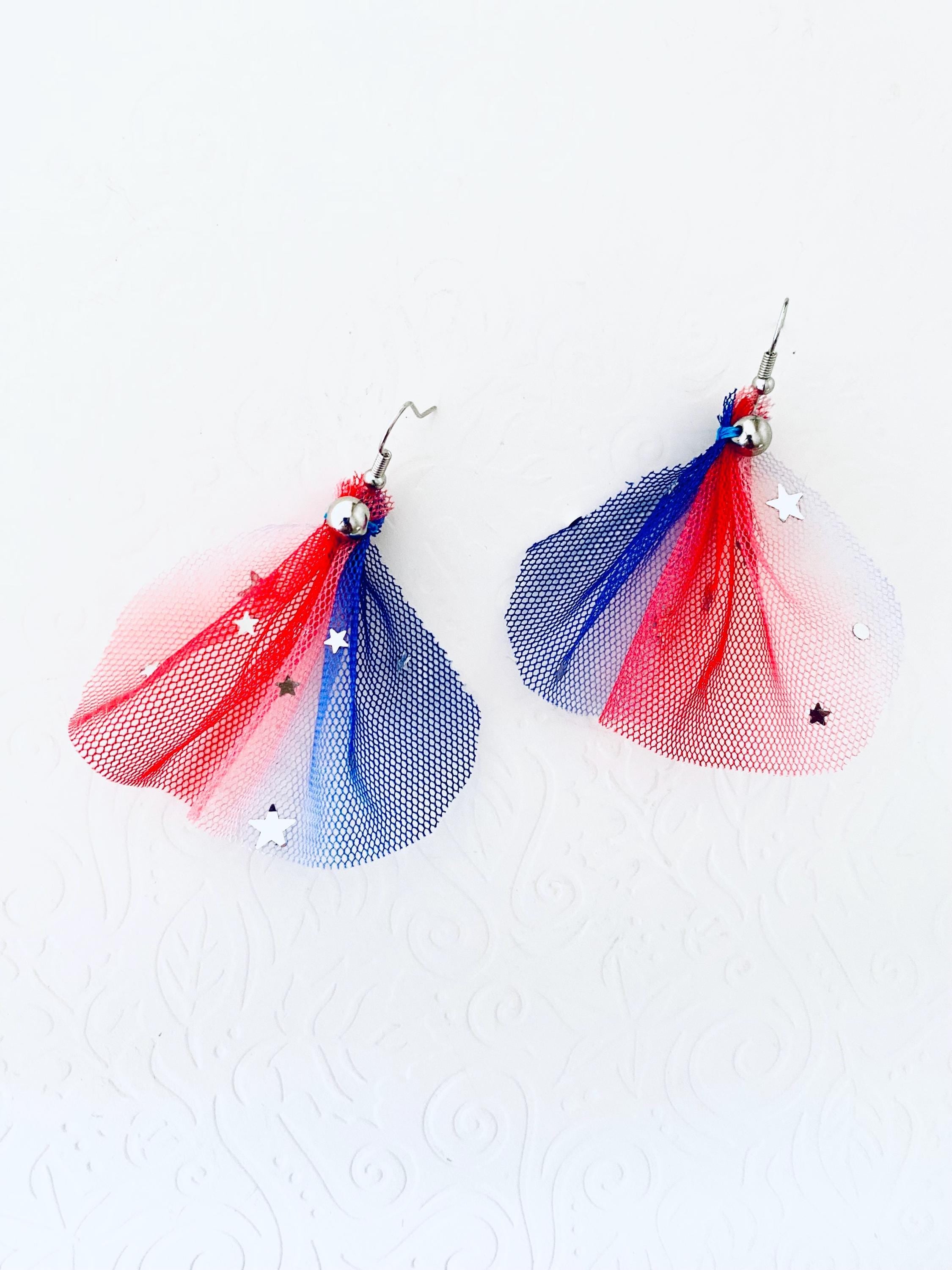 4th of July Tulle Earrings, Patriotic Silver Star Dangle