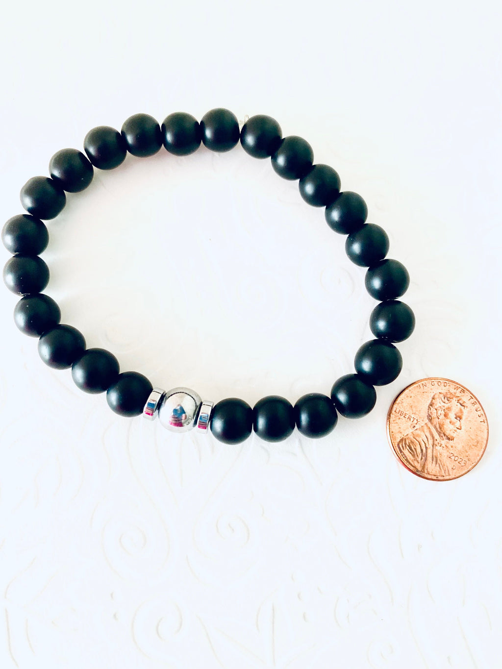 Matte Onyx Gemstone Bracelet, Silver Hematite Focal Bead, Unisex