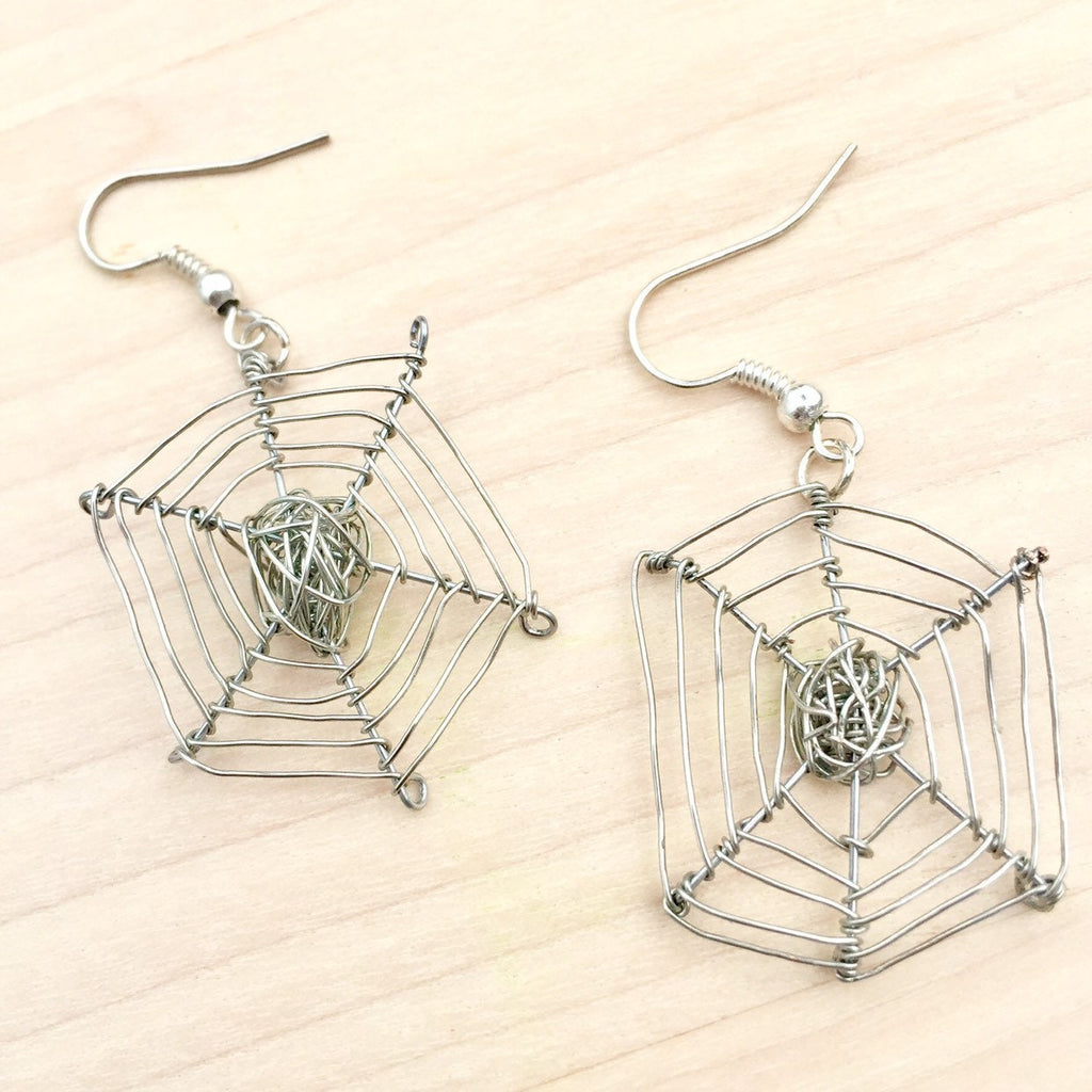 Silver Plated Wire Spider Web Earrings, Halloween Jewelry