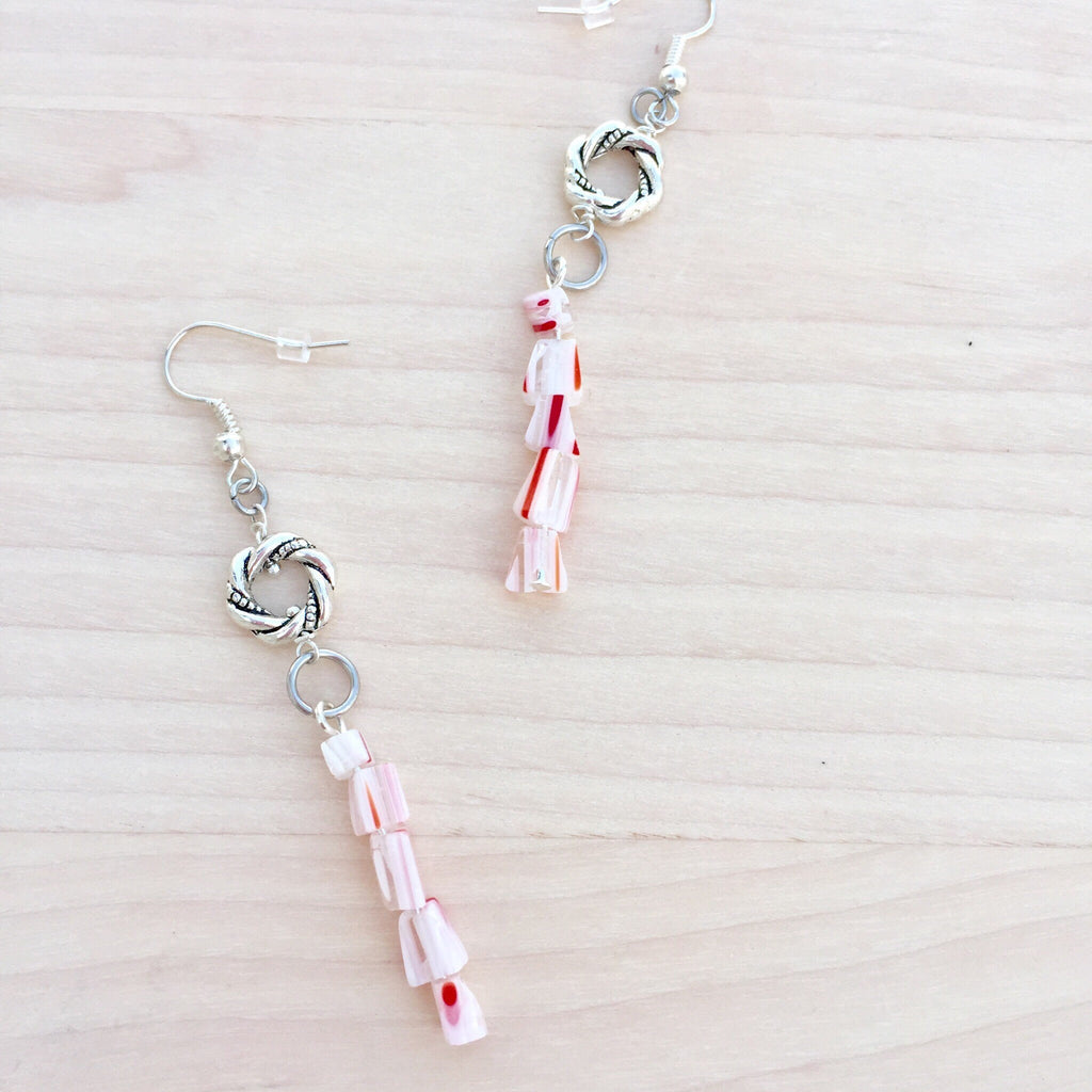 Handmade Candy Cane Glass Bead Earrings, Christmas Holiday Jewelry