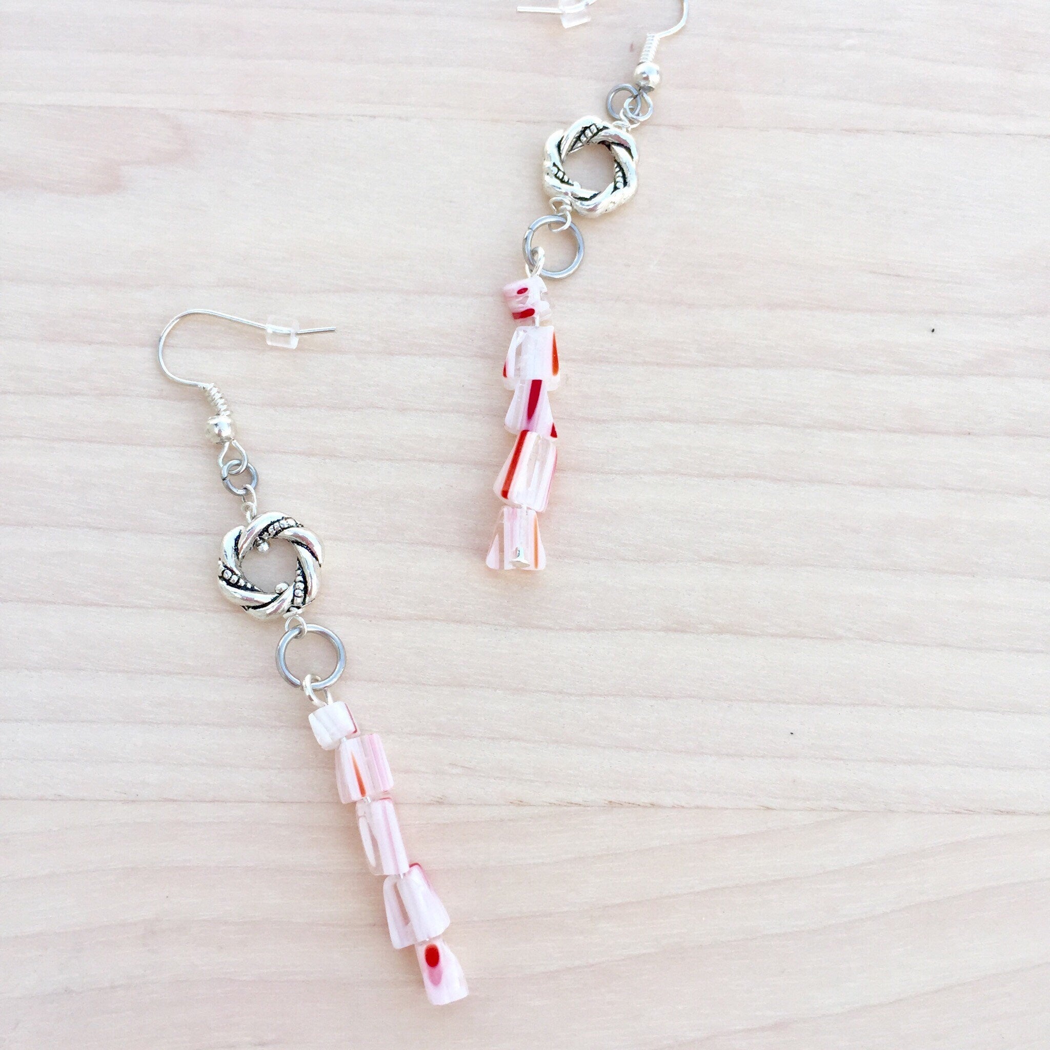 Handmade Candy Cane Glass Bead Earrings, Christmas Holiday Jewelry
