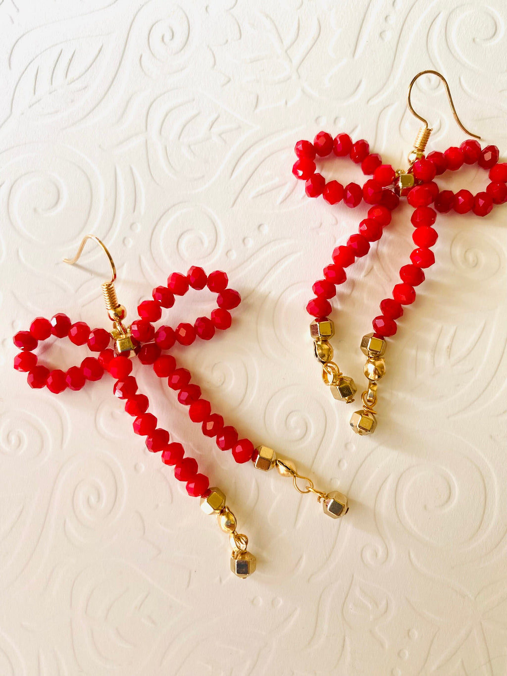 Red Crystal Bow Earrings, Gold Plated Hooks, Handmade