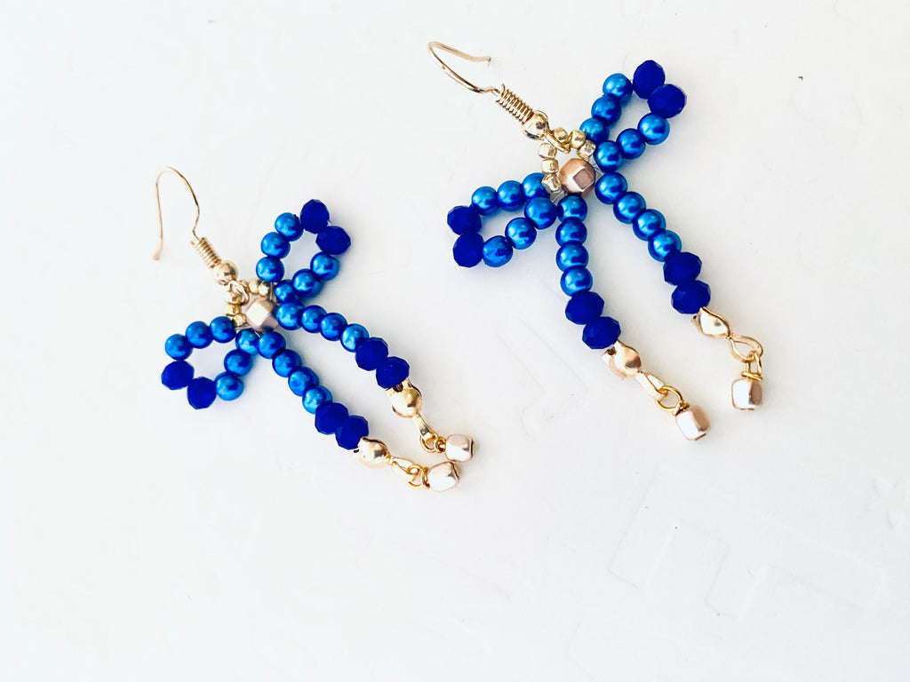 Handmade Beaded Bow Earrings, Crystal Royal Blue, Gold Hook