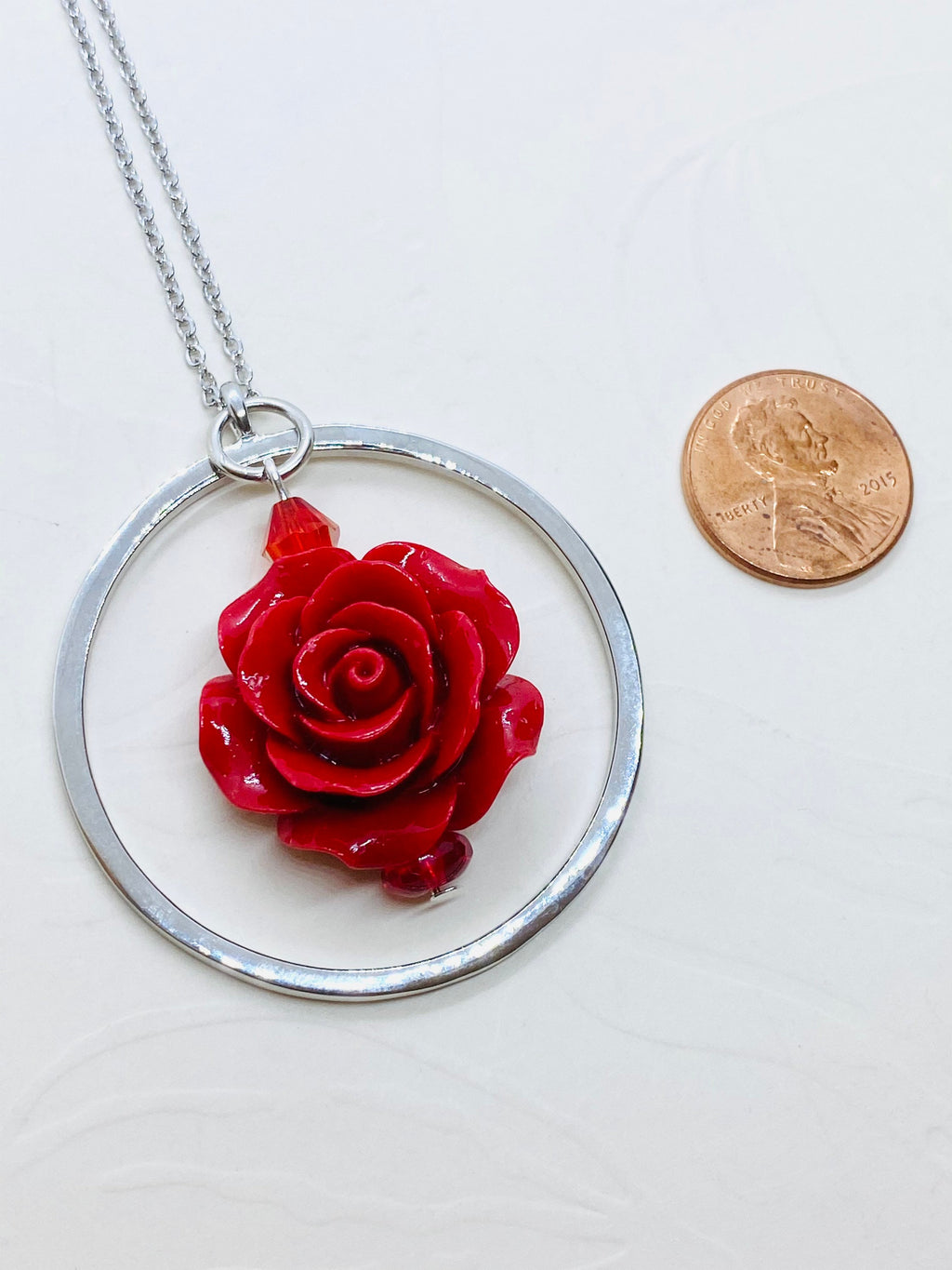 Red Rose Circular Pendant Necklace, Silver Plated, 30 inch