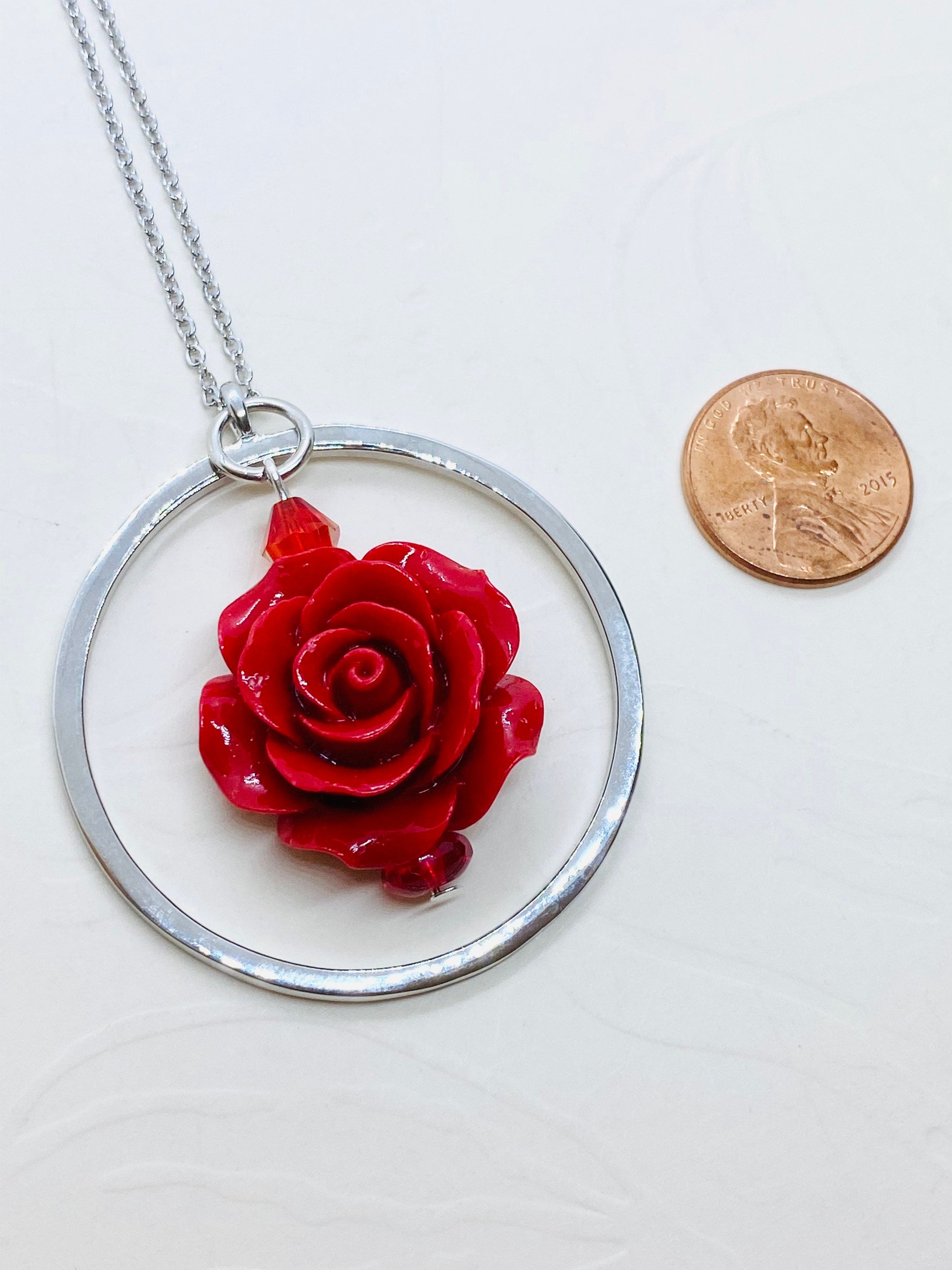 Red Rose Circular Pendant Necklace, Silver Plated, 30 inch