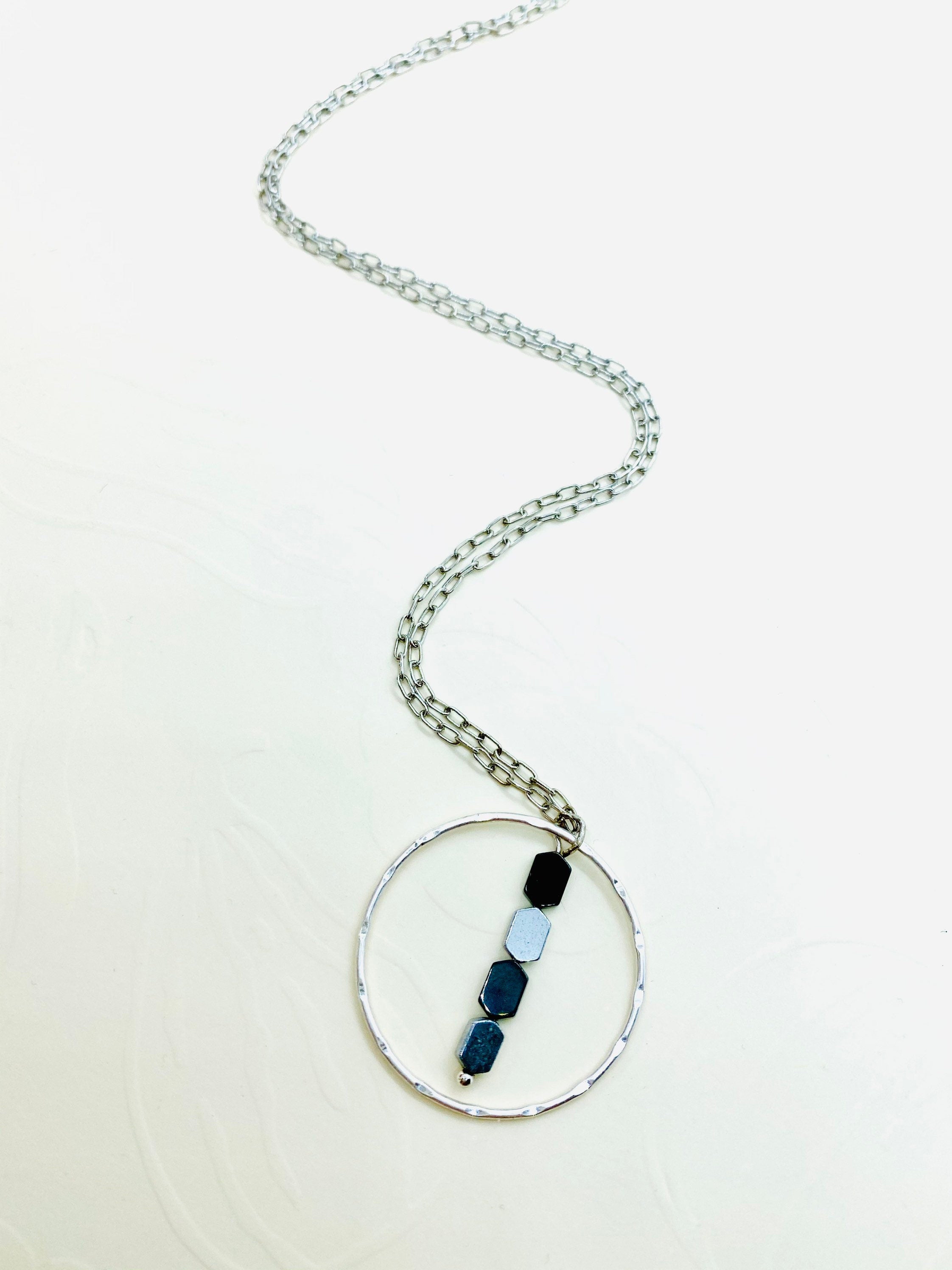 Circular Pendant Necklace, Silver & Black Hematite Beads