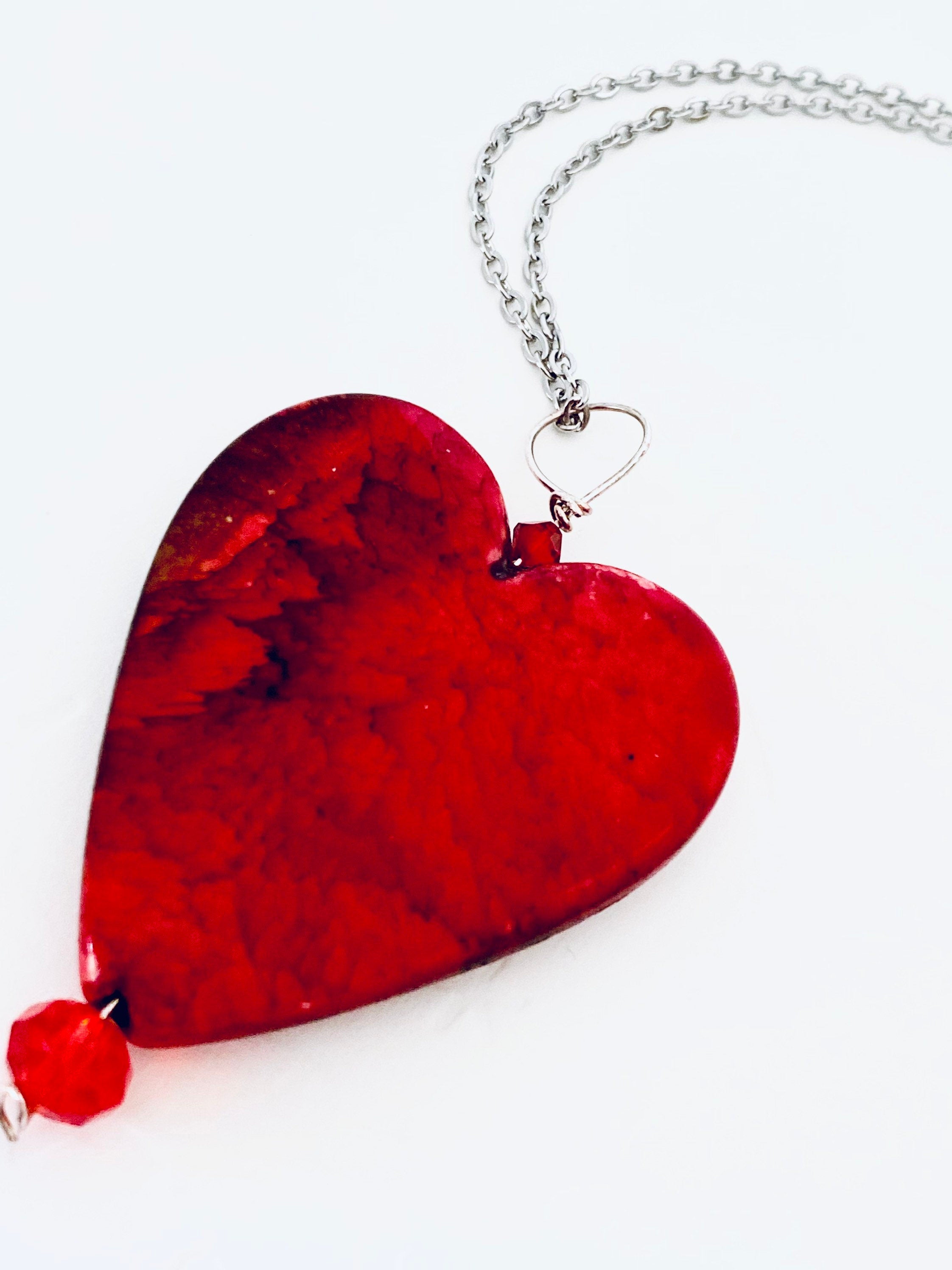 Red Glass Heart Pendant Necklace, Silver Plated Chain, Czech Crystals