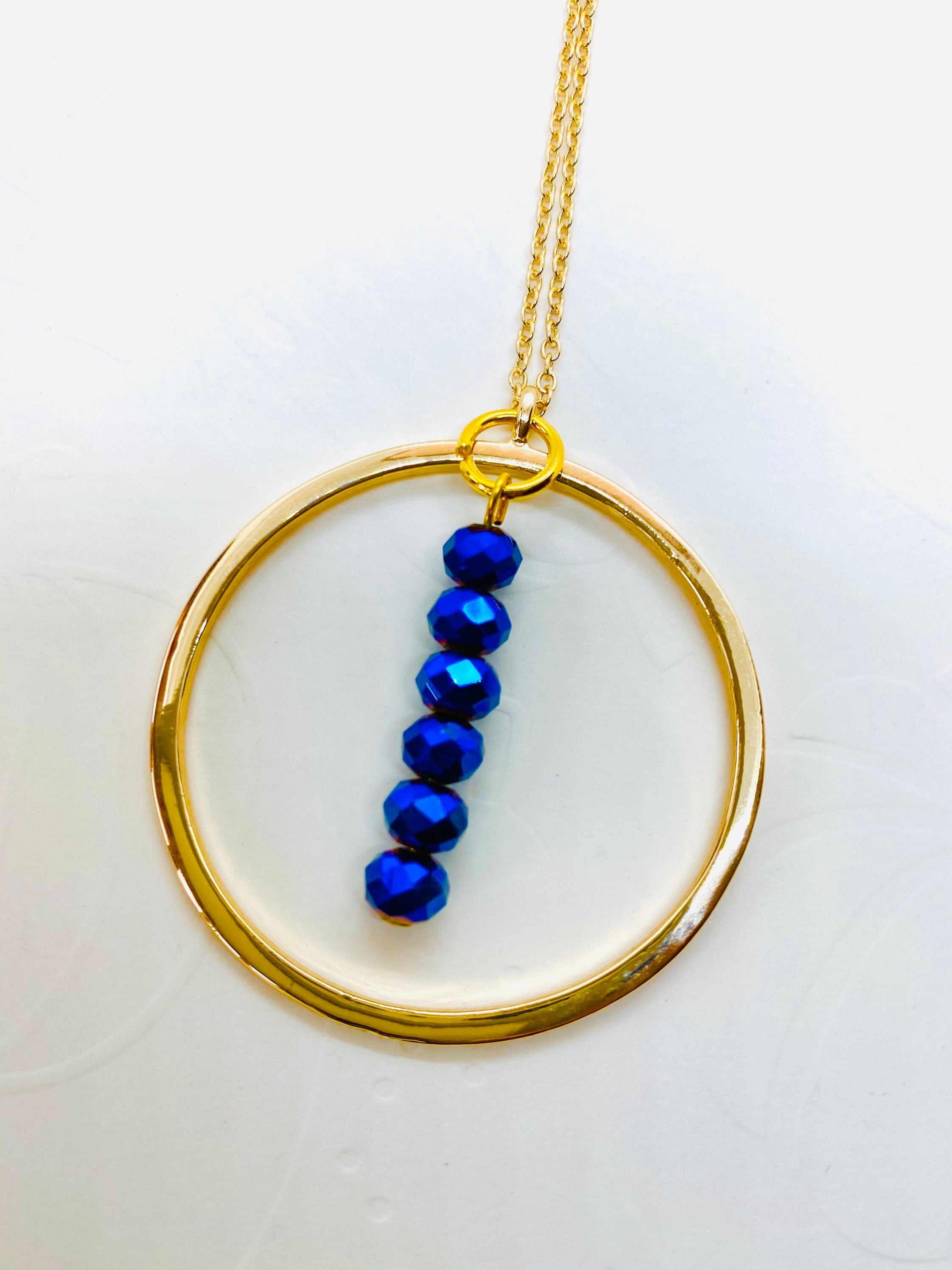 Electric Blue Beaded Pendant Necklace, Gold Plated Chain (30 inch)