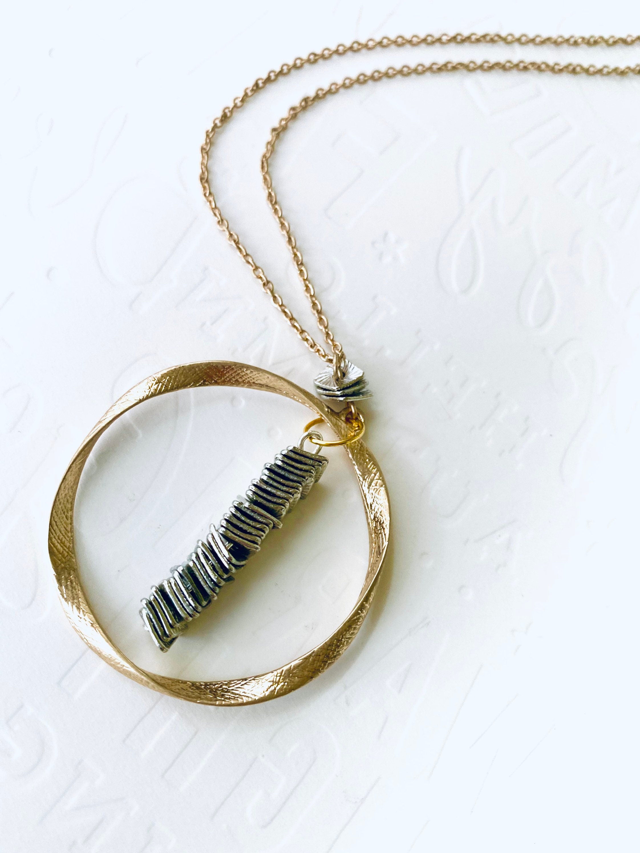 Gold Plated Circular Pendant Necklace with Silver Beads, 30 Inch
