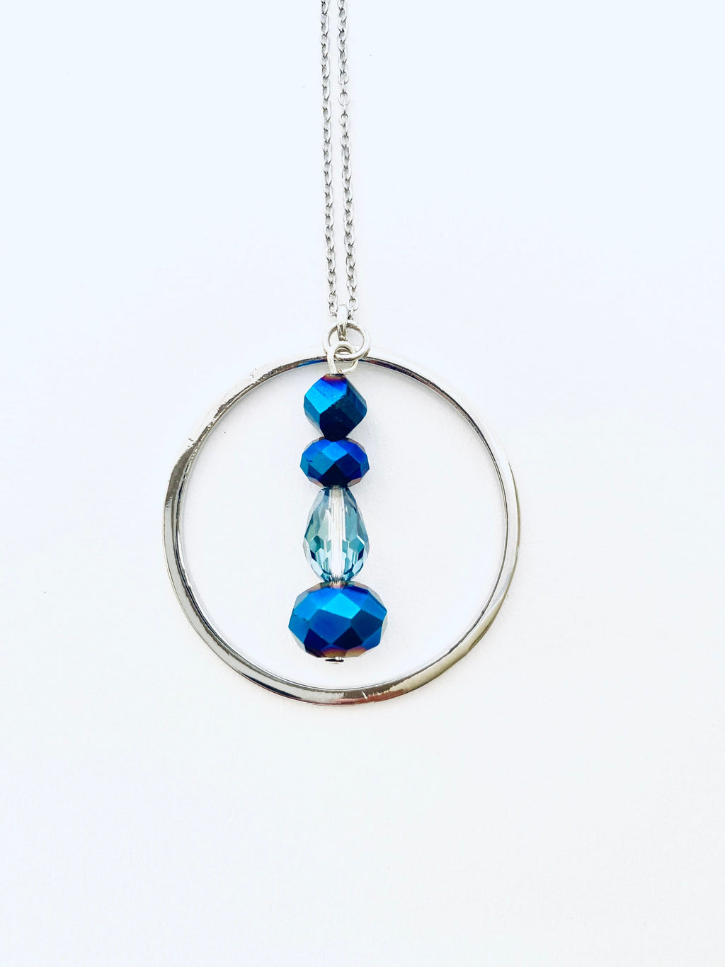 Blue Iridescent Beaded Pendant Necklace, Silver Plated, 30 Inch