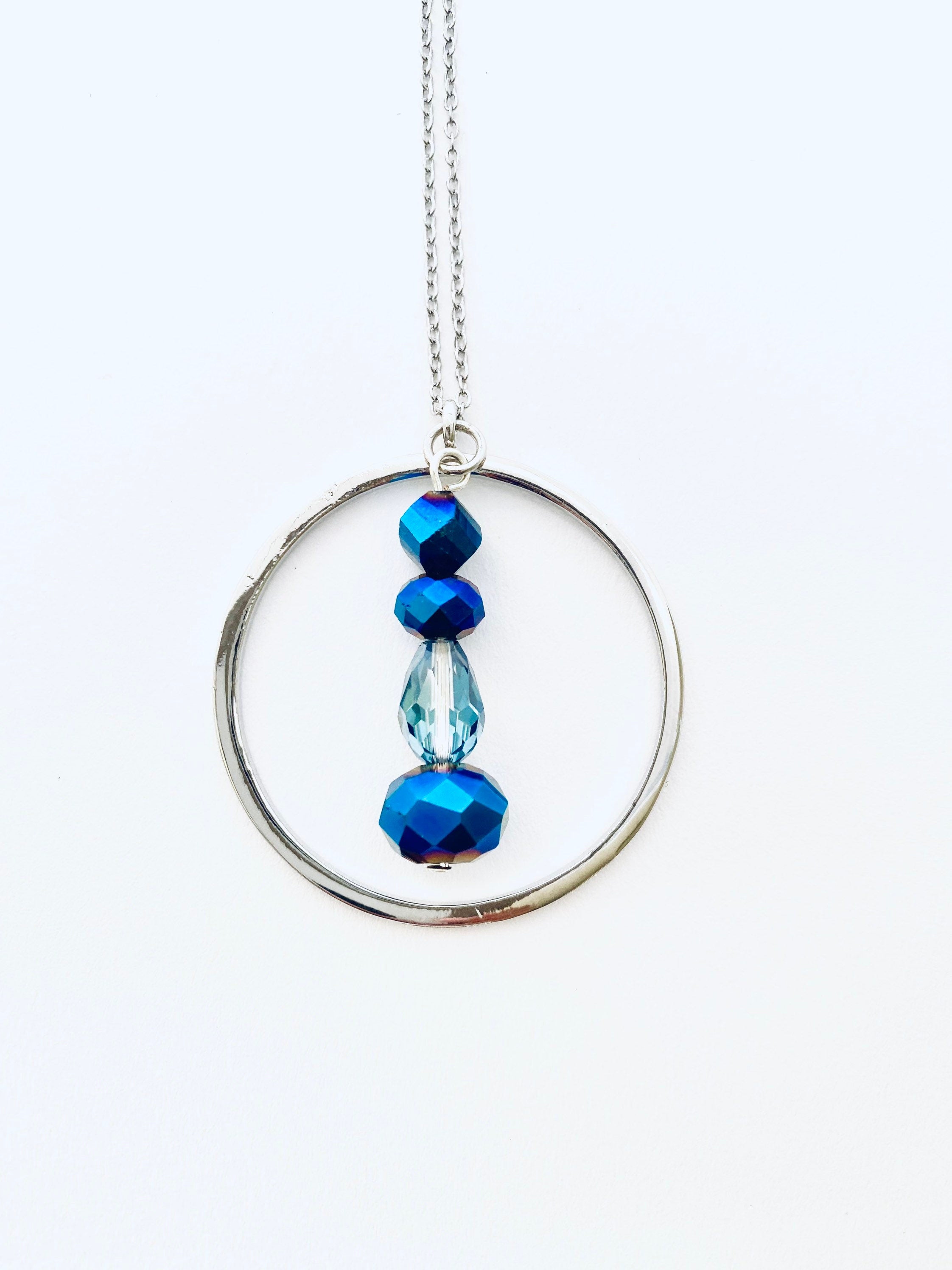 Blue Iridescent Beaded Pendant Necklace, Silver Plated, 30 Inch