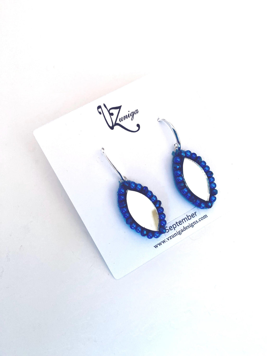 Sapphire Blue Mirror Beaded Earrings, Sterling Silver Hooks