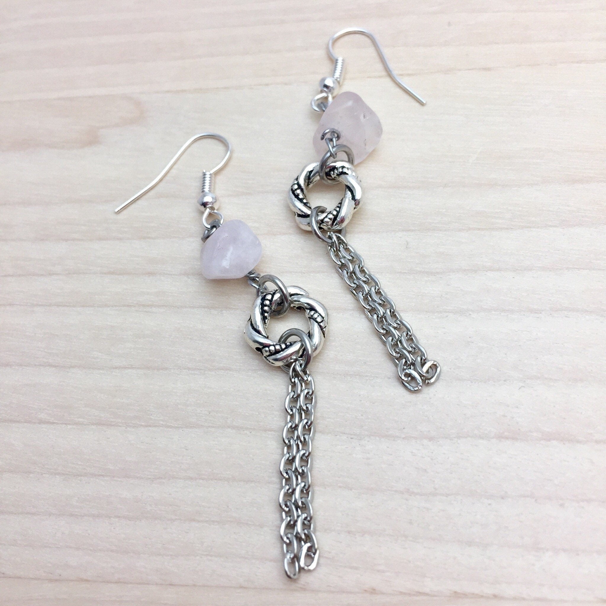 Rose Quartz Dangle Earrings, Silver Plated Chain, Lightweight